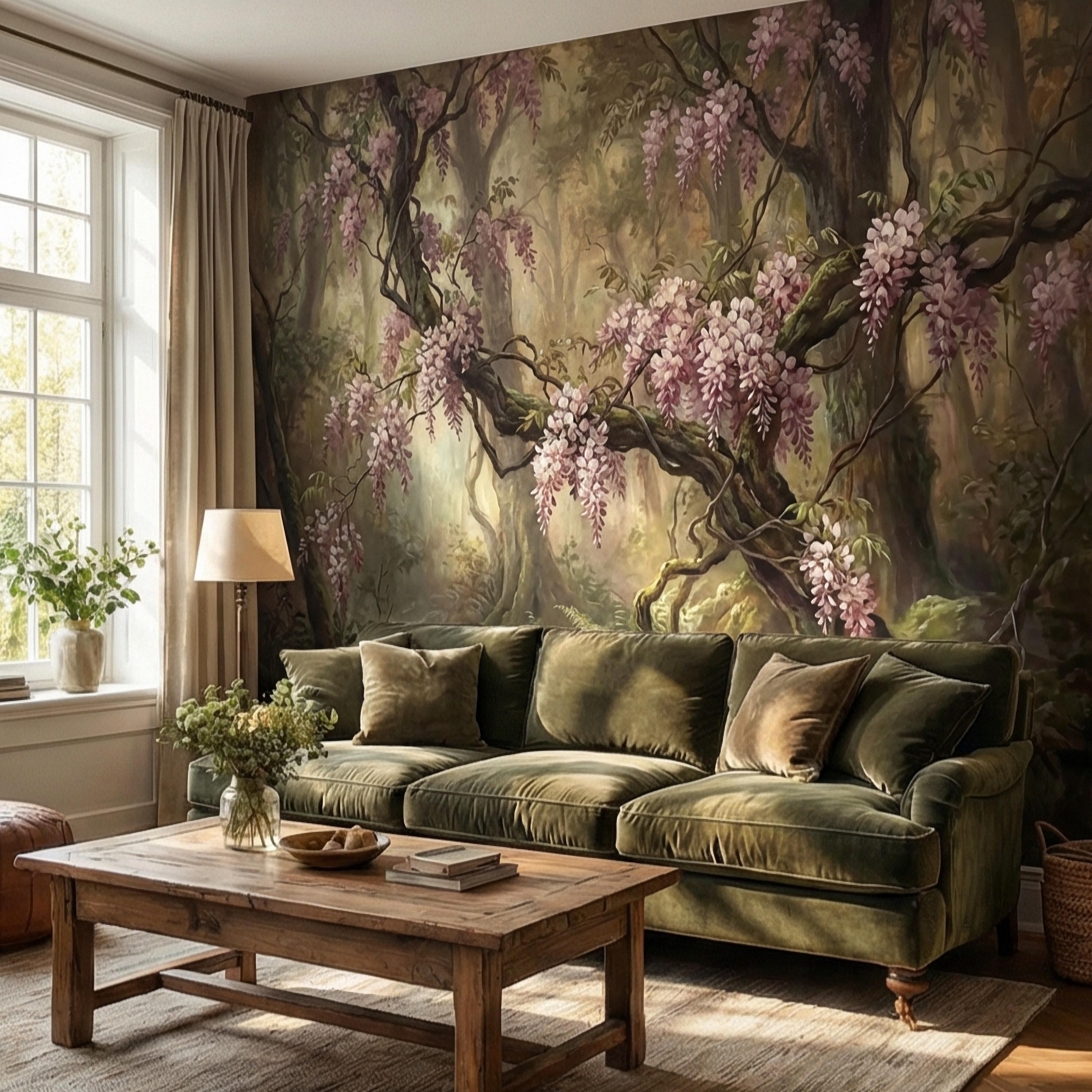 Misty Wisteria Forest Peel and Stick Wall Mural, Moody Floral Woodland, Romantic Botanical Wallpaper
