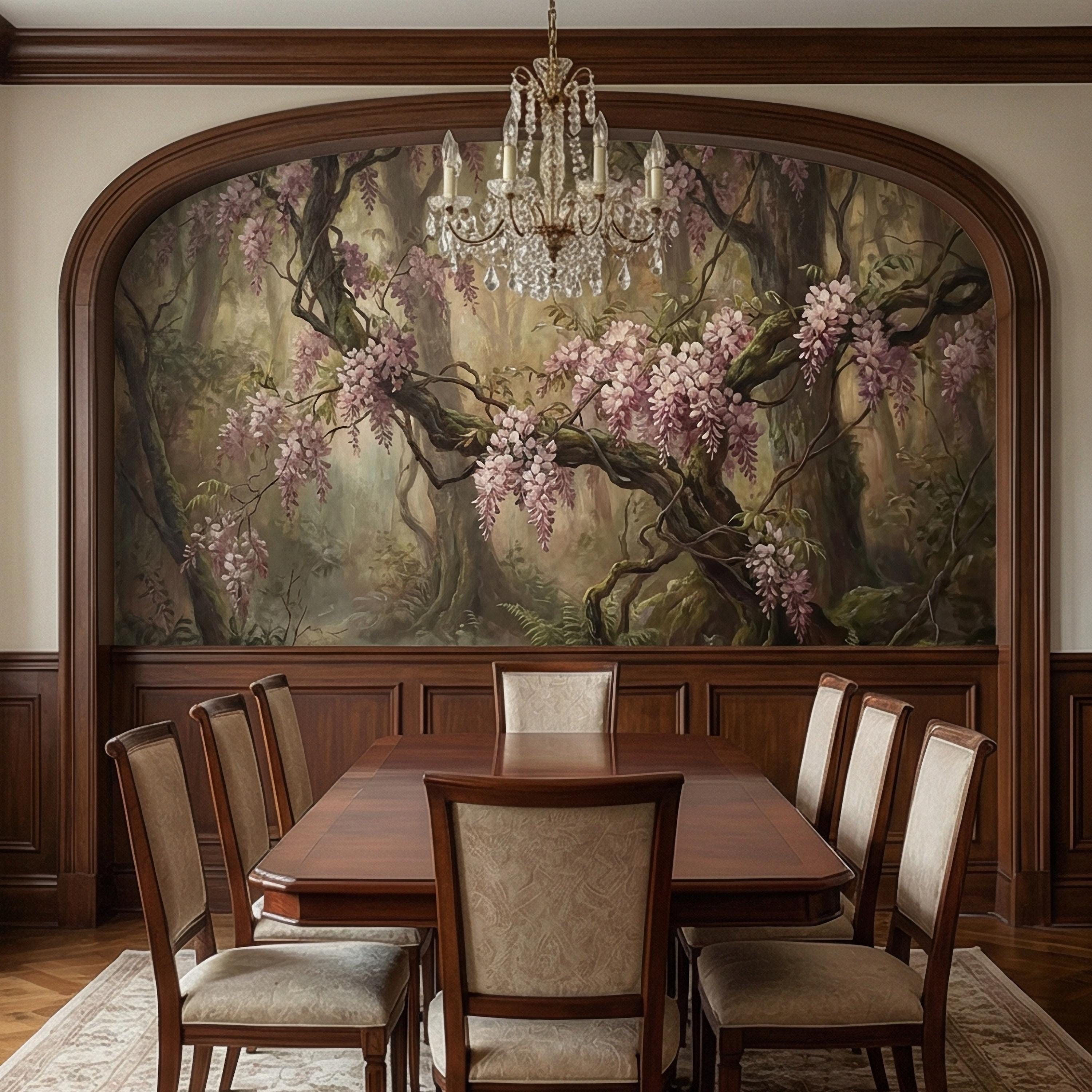Misty Wisteria Forest Peel and Stick Wall Mural, Moody Floral Woodland, Romantic Botanical Wallpaper
