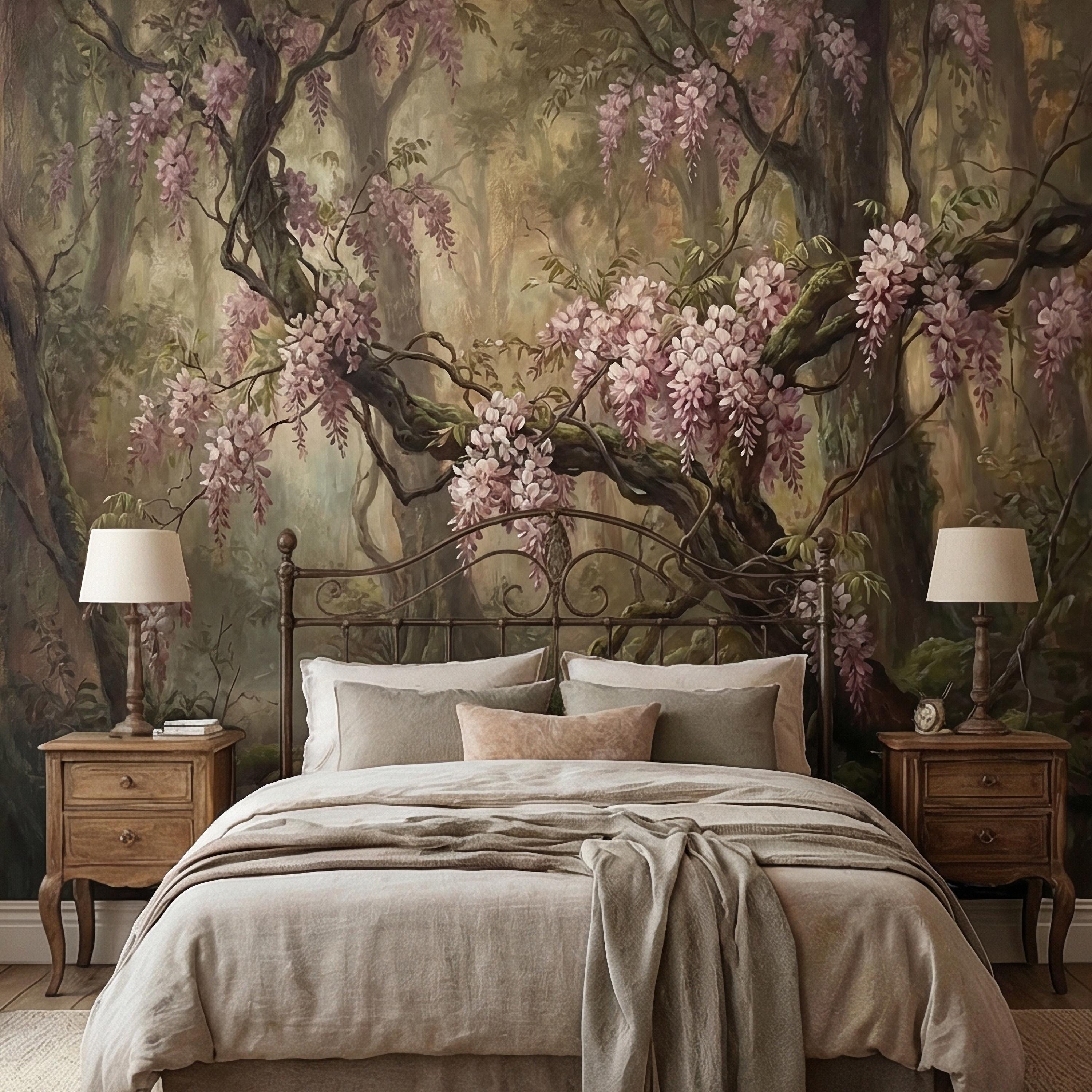 Misty Wisteria Forest Peel and Stick Wall Mural, Moody Floral Woodland, Romantic Botanical Wallpaper