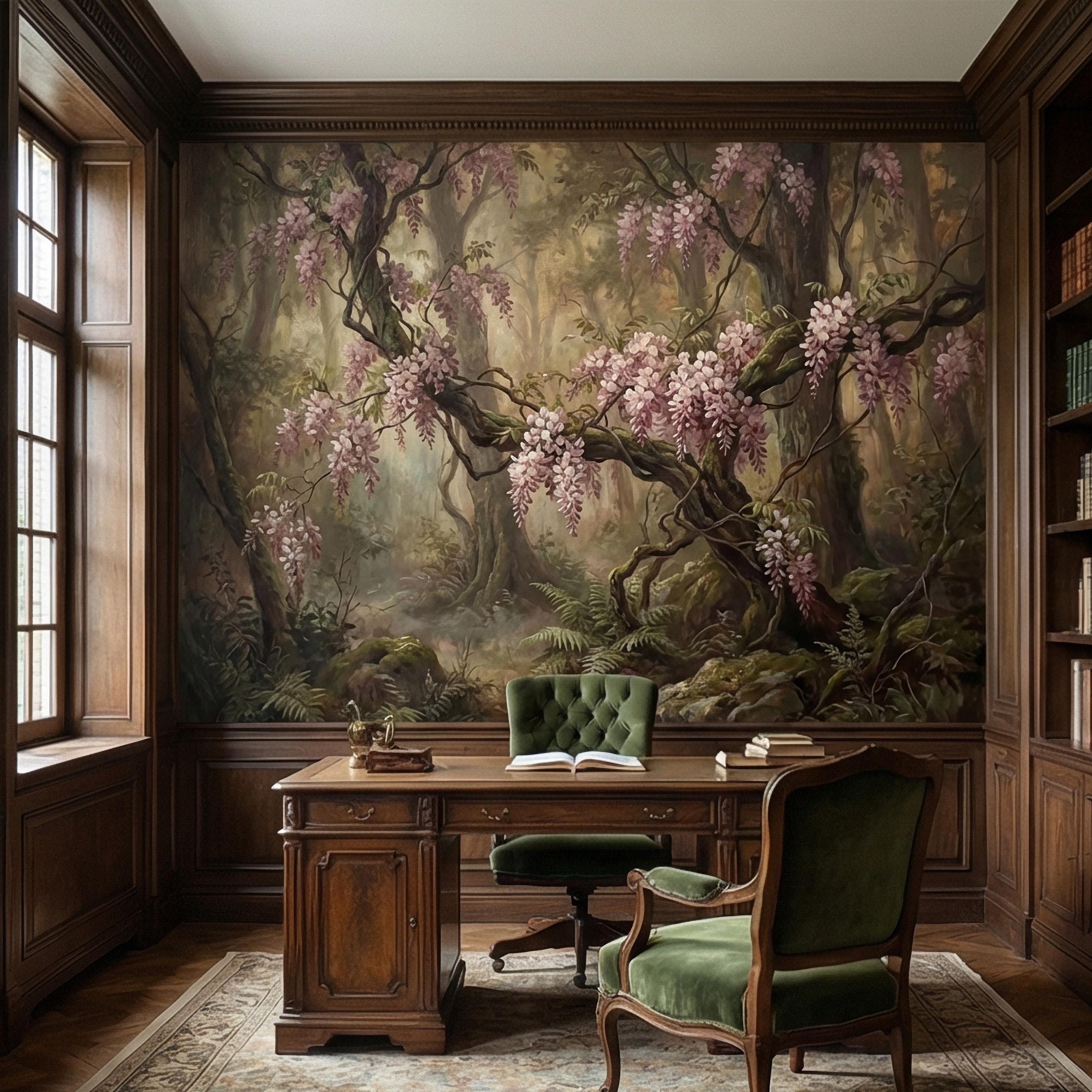 Misty Wisteria Forest Peel and Stick Wall Mural, Moody Floral Woodland, Romantic Botanical Wallpaper
