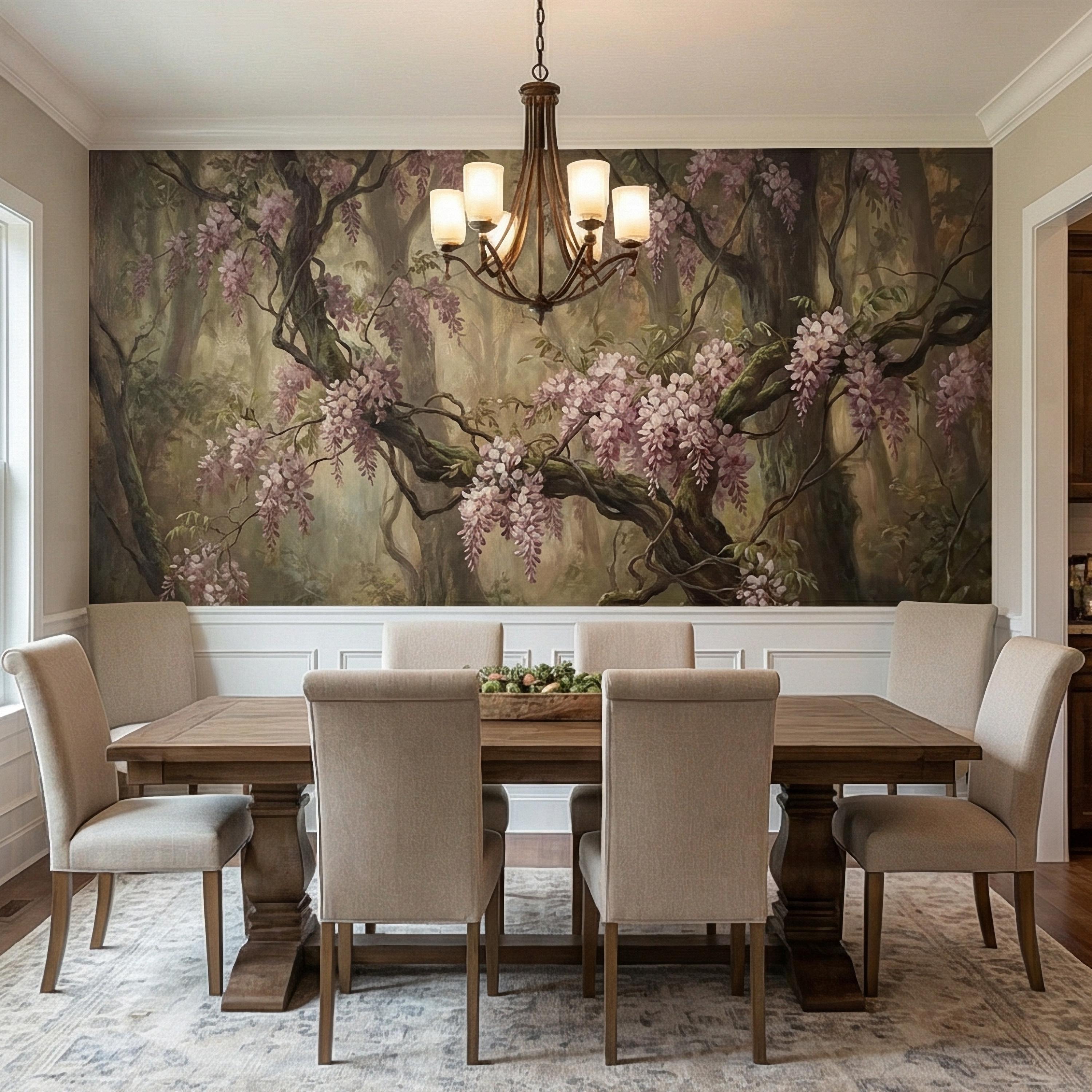 Misty Wisteria Forest Peel and Stick Wall Mural, Moody Floral Woodland, Romantic Botanical Wallpaper