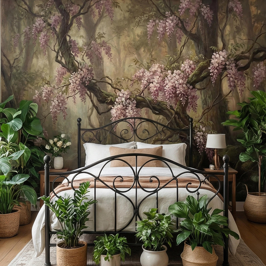 Misty Wisteria Forest Peel and Stick Wall Mural, Moody Floral Woodland, Romantic Botanical Wallpaper