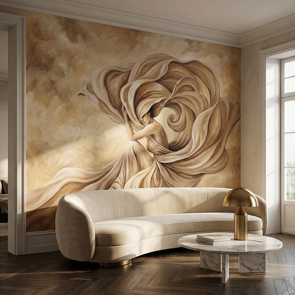 Abstract Woman Peel and Stick Wall Mural, Flowing Fabric Figure, Neutral Beige Surreal Portrait, Elegant Painterly Statement Wallpaper