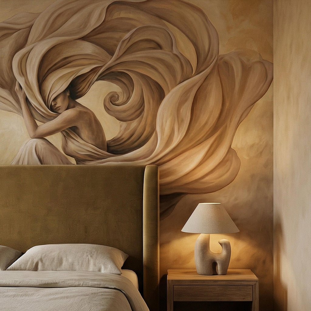 Abstract Woman Peel and Stick Wall Mural, Flowing Fabric Figure, Neutral Beige Surreal Portrait, Elegant Painterly Statement Wallpaper