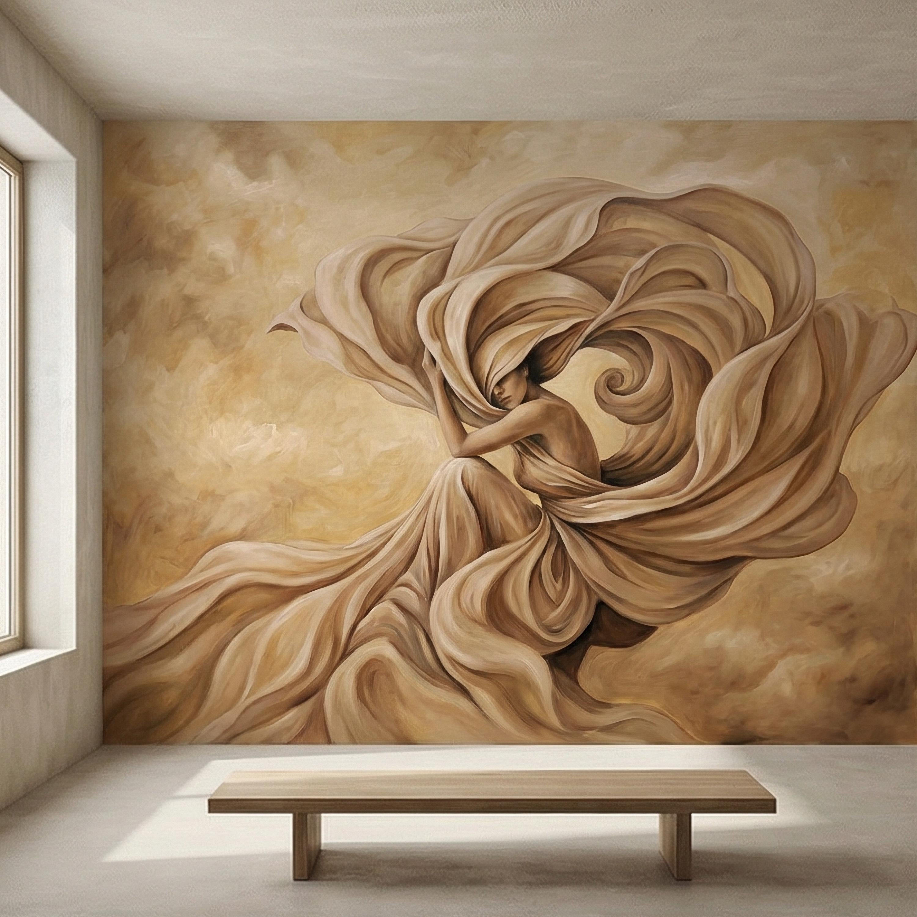 Abstract Woman Peel and Stick Wall Mural, Flowing Fabric Figure, Neutral Beige Surreal Portrait, Elegant Painterly Statement Wallpaper