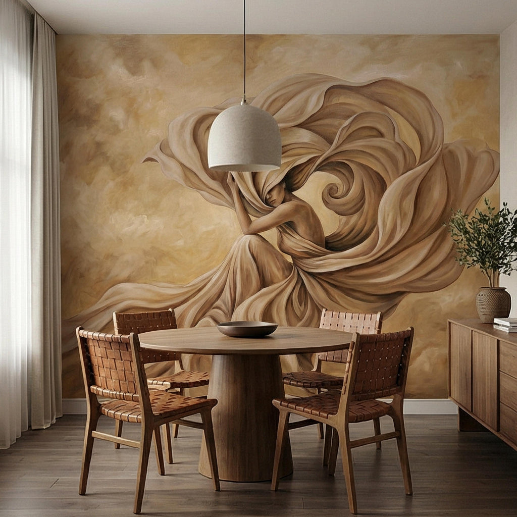 Abstract Woman Peel and Stick Wall Mural, Flowing Fabric Figure, Neutral Beige Surreal Portrait, Elegant Painterly Statement Wallpaper