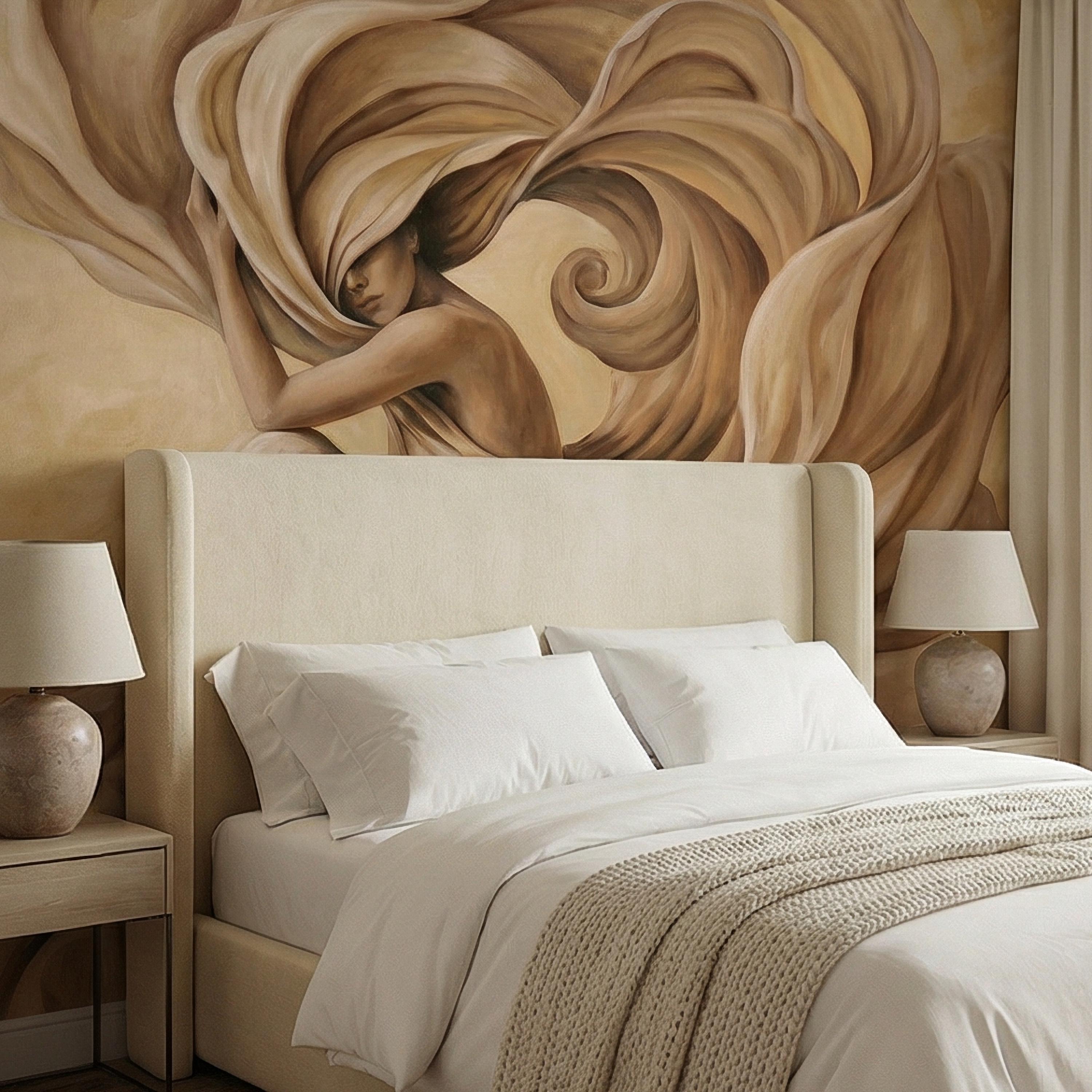 Abstract Woman Peel and Stick Wall Mural, Flowing Fabric Figure, Neutral Beige Surreal Portrait, Elegant Painterly Statement Wallpaper