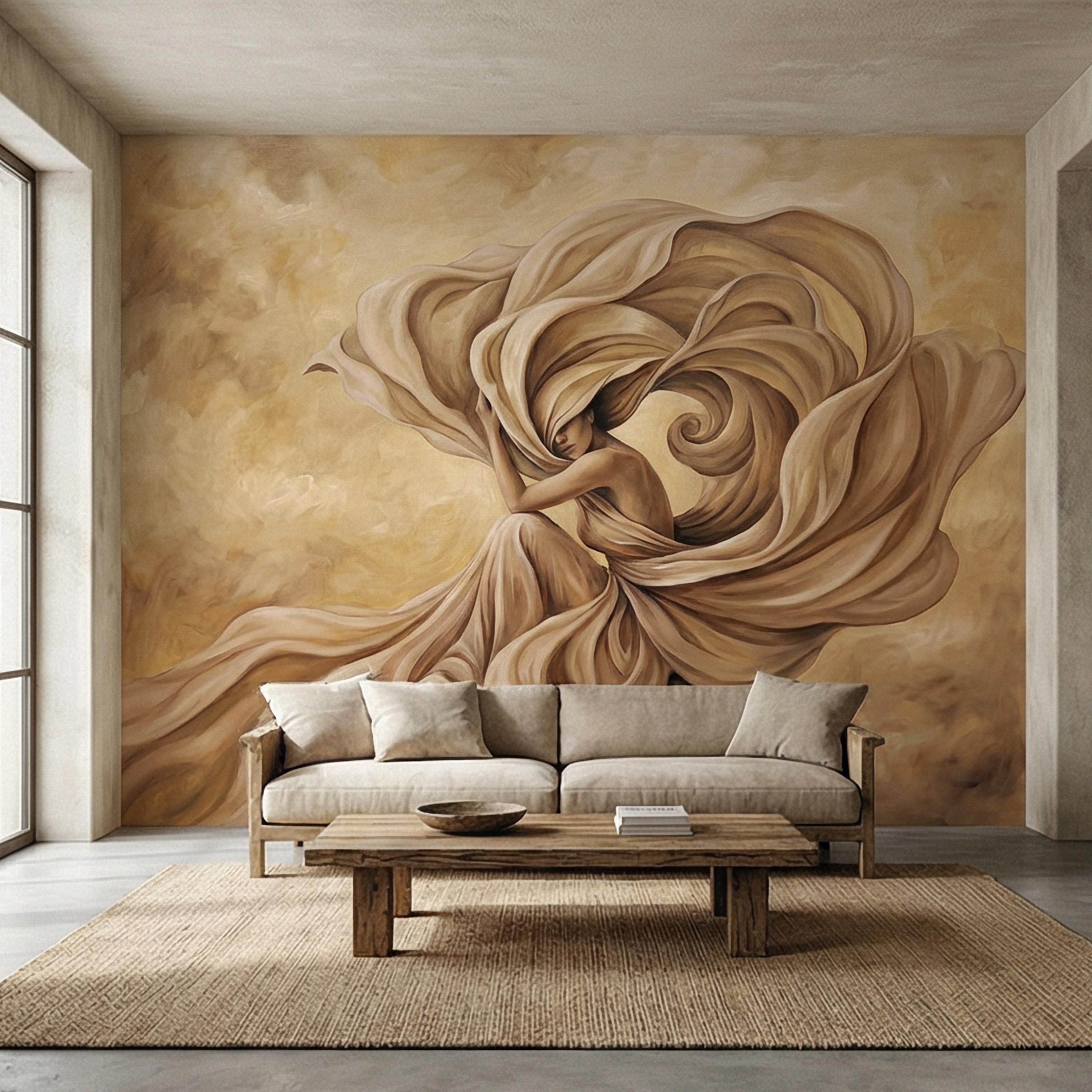 Abstract Woman Peel and Stick Wall Mural, Flowing Fabric Figure, Neutral Beige Surreal Portrait, Elegant Painterly Statement Wallpaper