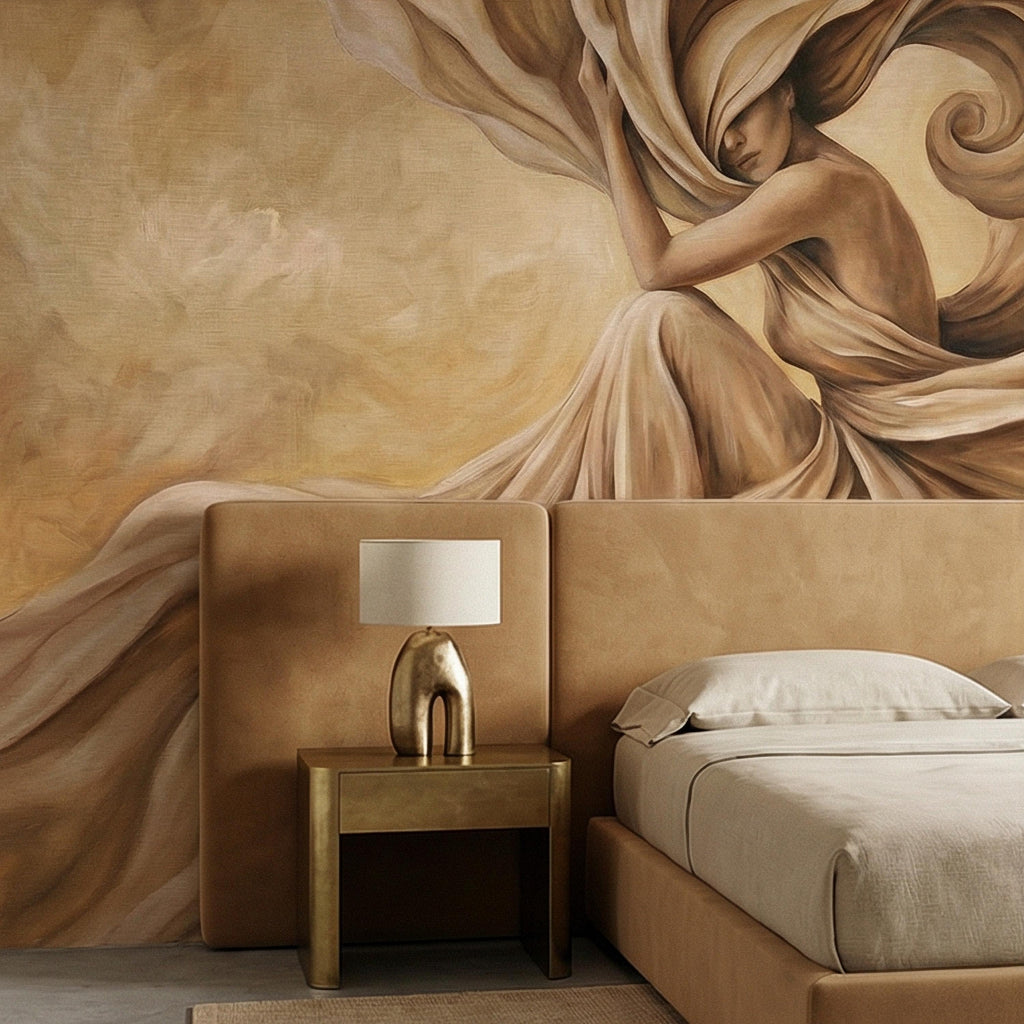 Abstract Woman Peel and Stick Wall Mural, Flowing Fabric Figure, Neutral Beige Surreal Portrait, Elegant Painterly Statement Wallpaper