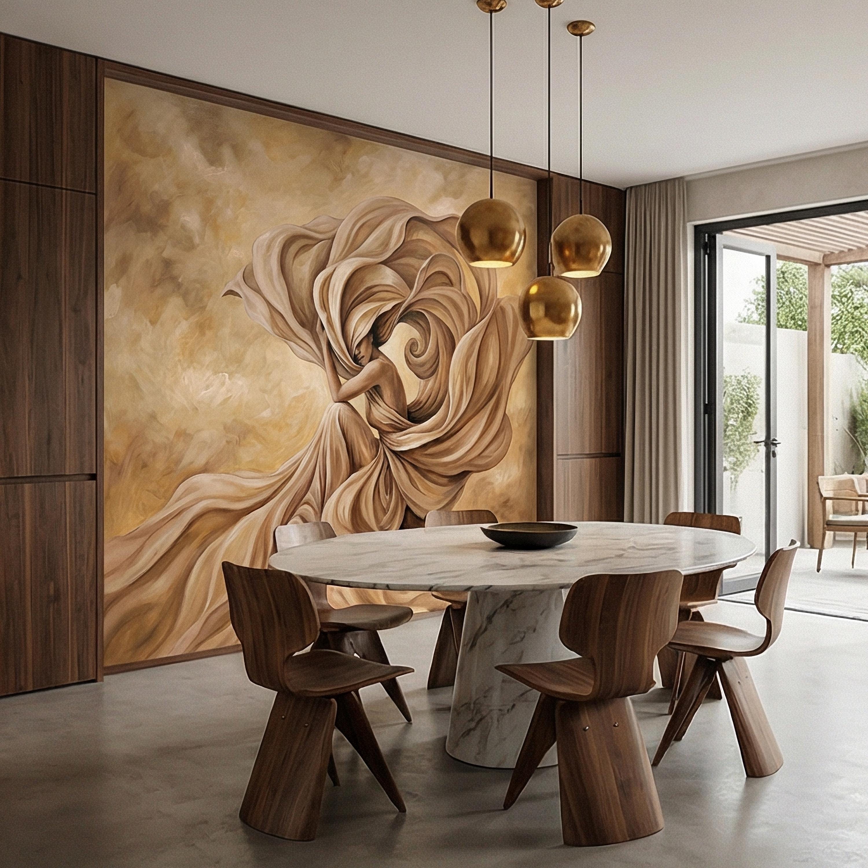 Abstract Woman Peel and Stick Wall Mural, Flowing Fabric Figure, Neutral Beige Surreal Portrait, Elegant Painterly Statement Wallpaper