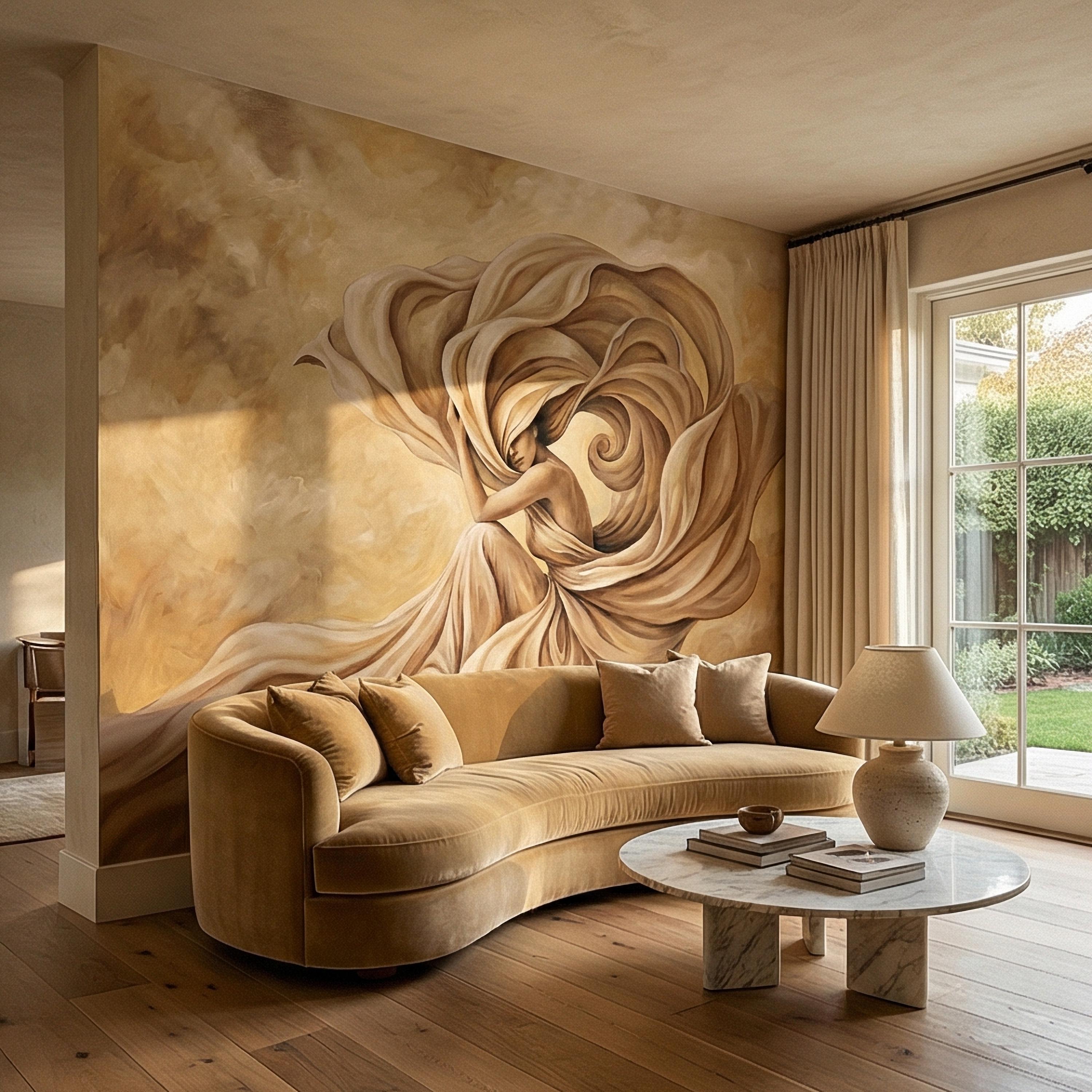 Abstract Woman Peel and Stick Wall Mural, Flowing Fabric Figure, Neutral Beige Surreal Portrait, Elegant Painterly Statement Wallpaper