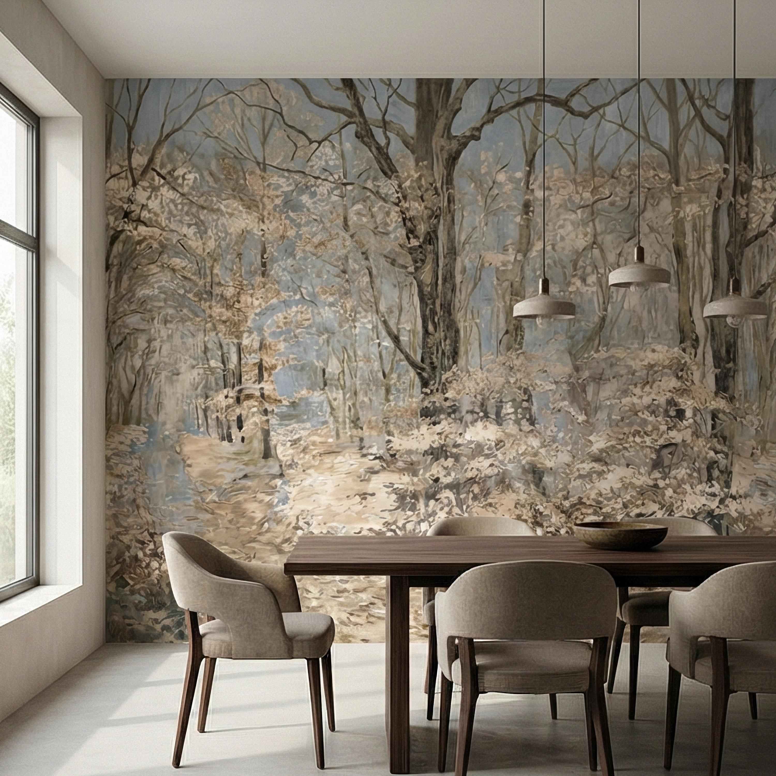 Blue Mist Forest Peel and Stick Wall Mural, Antique Woodland Path Landscape, Soft Neutral Foggy Nature Wallpaper