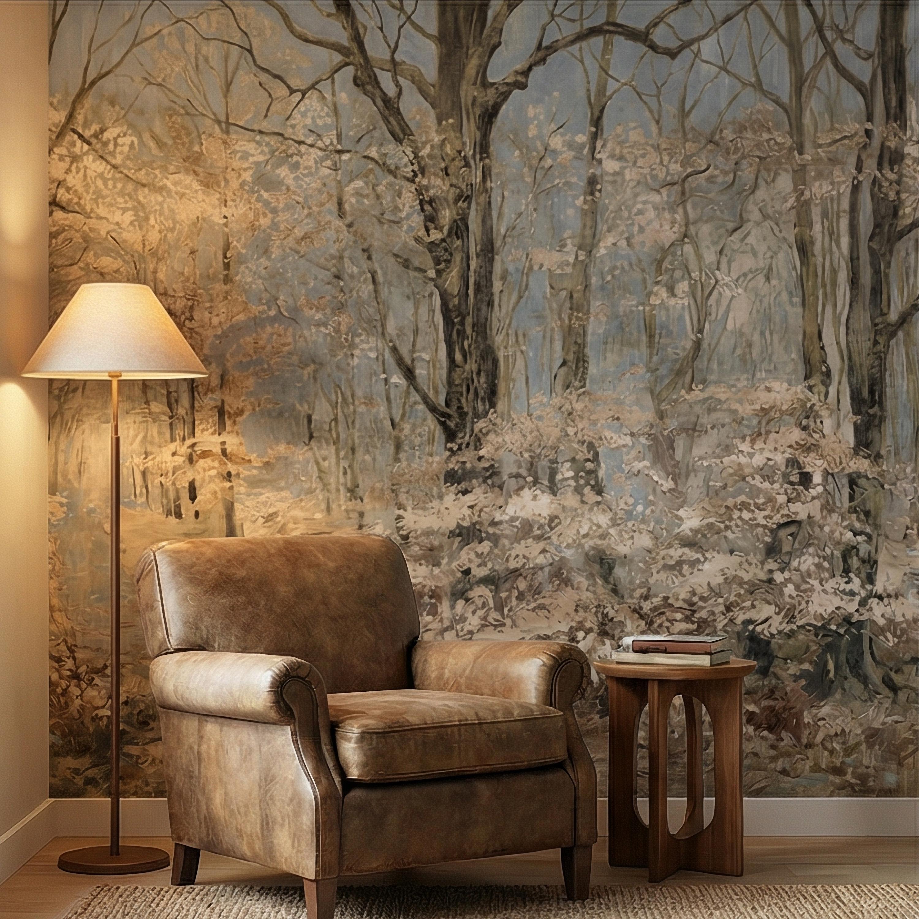 Blue Mist Forest Peel and Stick Wall Mural, Antique Woodland Path Landscape, Soft Neutral Foggy Nature Wallpaper