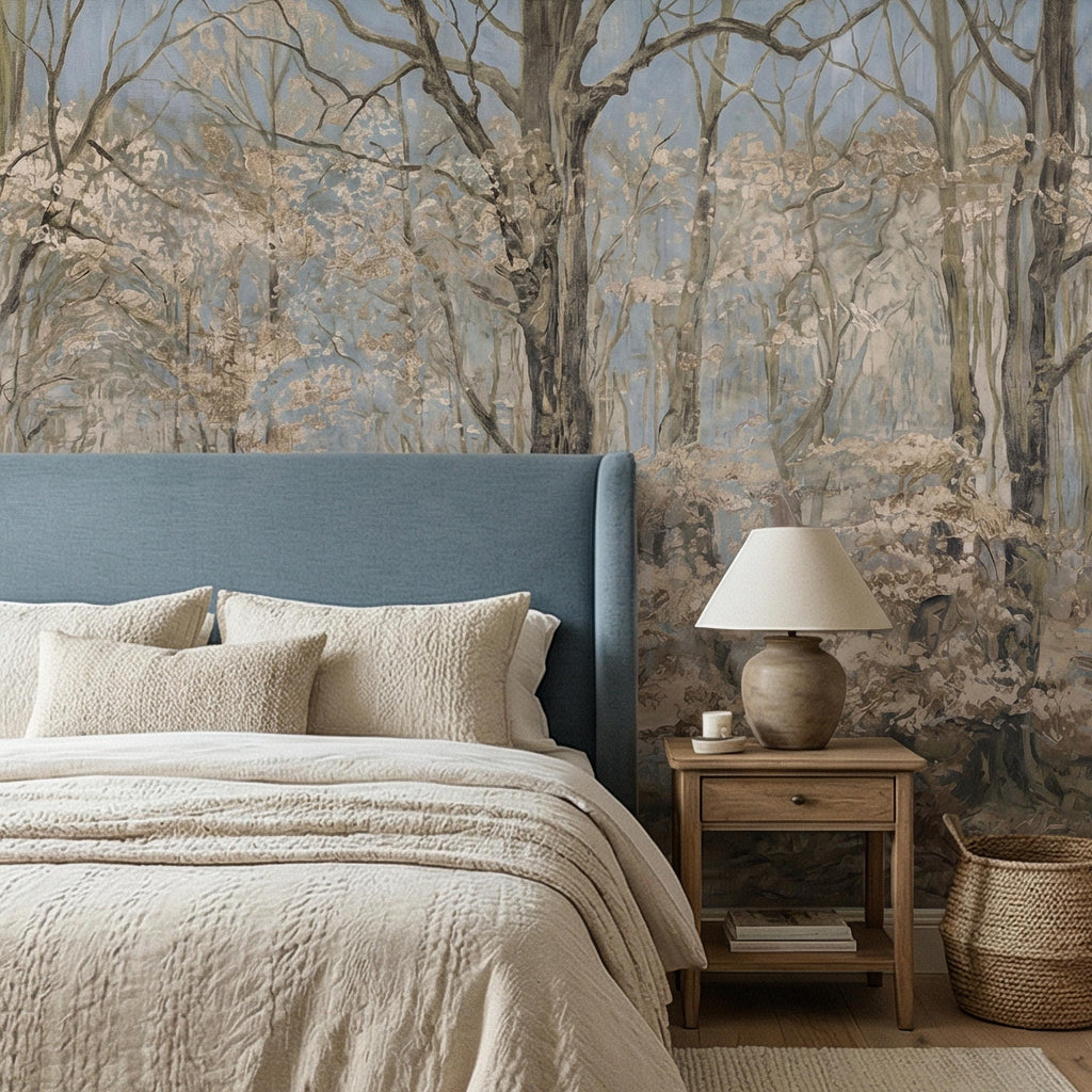 Blue Mist Forest Peel and Stick Wall Mural, Antique Woodland Path Landscape, Soft Neutral Foggy Nature Wallpaper