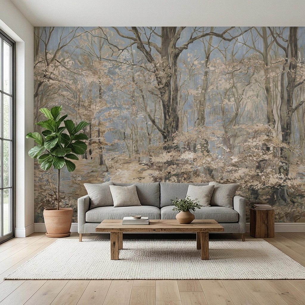 Blue Mist Forest Peel and Stick Wall Mural, Antique Woodland Path Landscape, Soft Neutral Foggy Nature Wallpaper