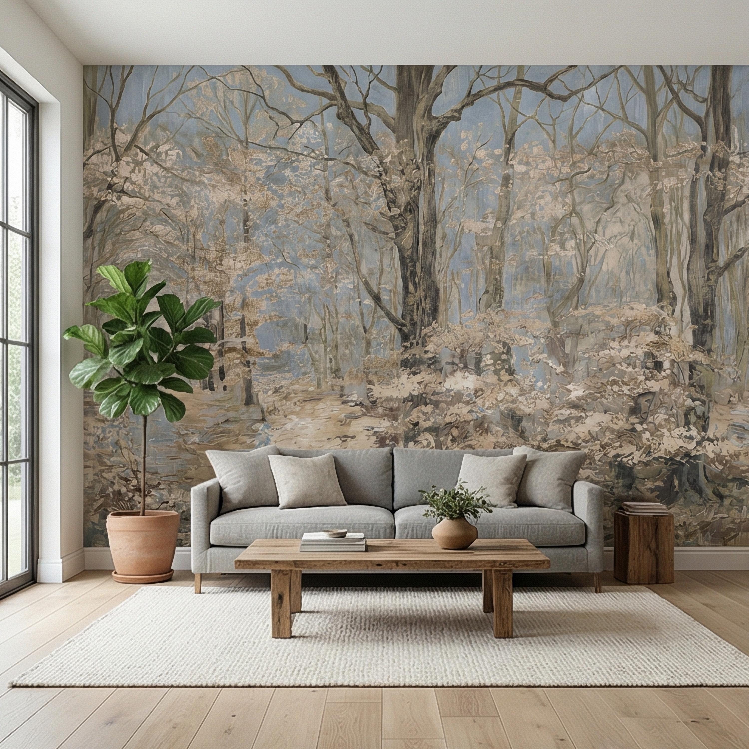 Blue Mist Forest Peel and Stick Wall Mural, Antique Woodland Path Landscape, Soft Neutral Foggy Nature Wallpaper