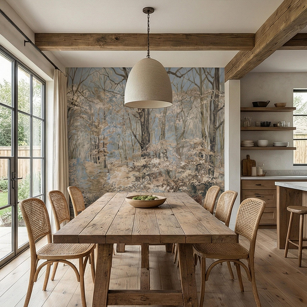 Blue Mist Forest Peel and Stick Wall Mural, Antique Woodland Path Landscape, Soft Neutral Foggy Nature Wallpaper