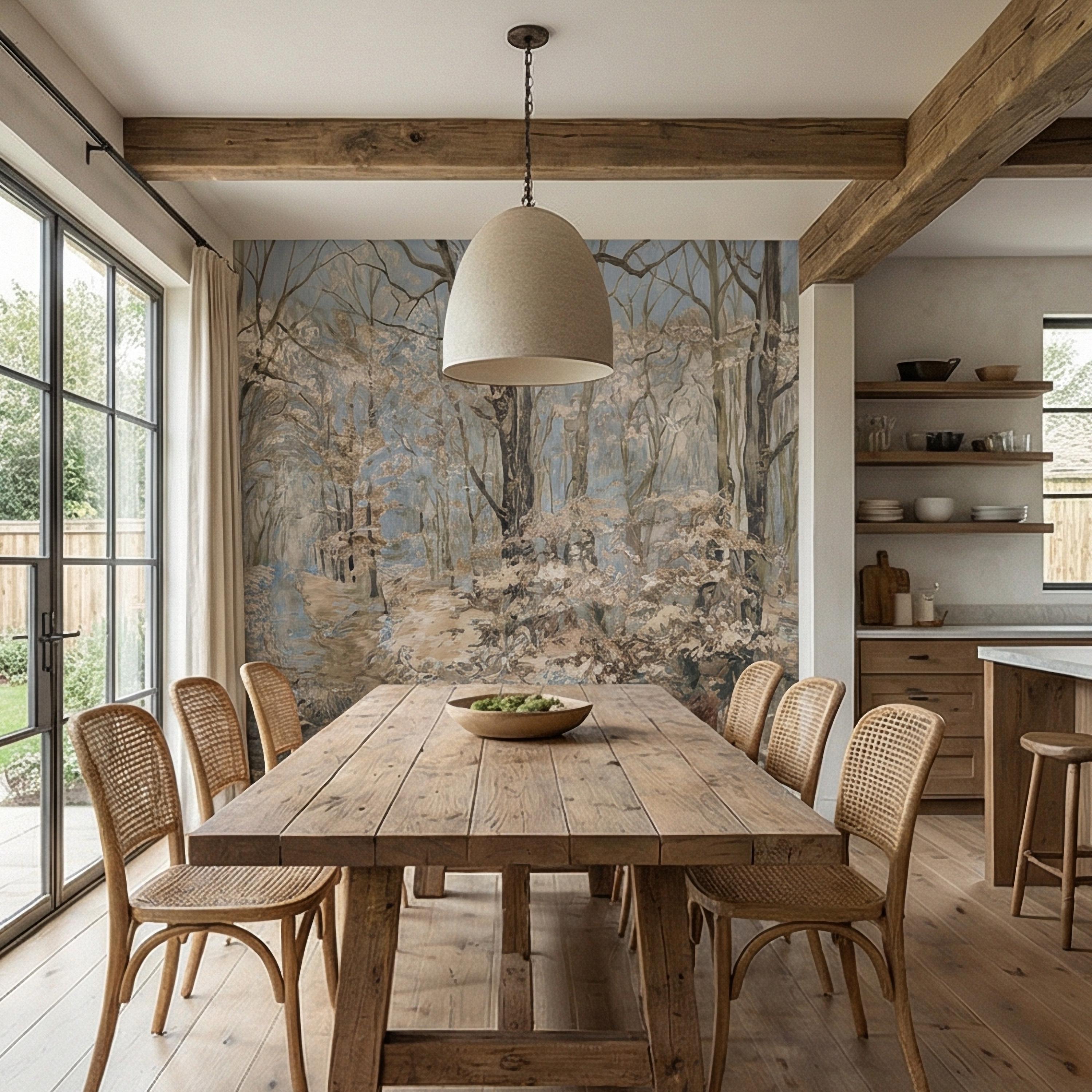 Blue Mist Forest Peel and Stick Wall Mural, Antique Woodland Path Landscape, Soft Neutral Foggy Nature Wallpaper