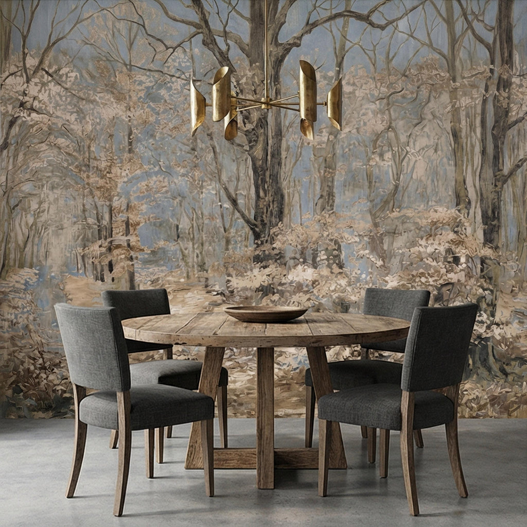 Blue Mist Forest Peel and Stick Wall Mural, Antique Woodland Path Landscape, Soft Neutral Foggy Nature Wallpaper