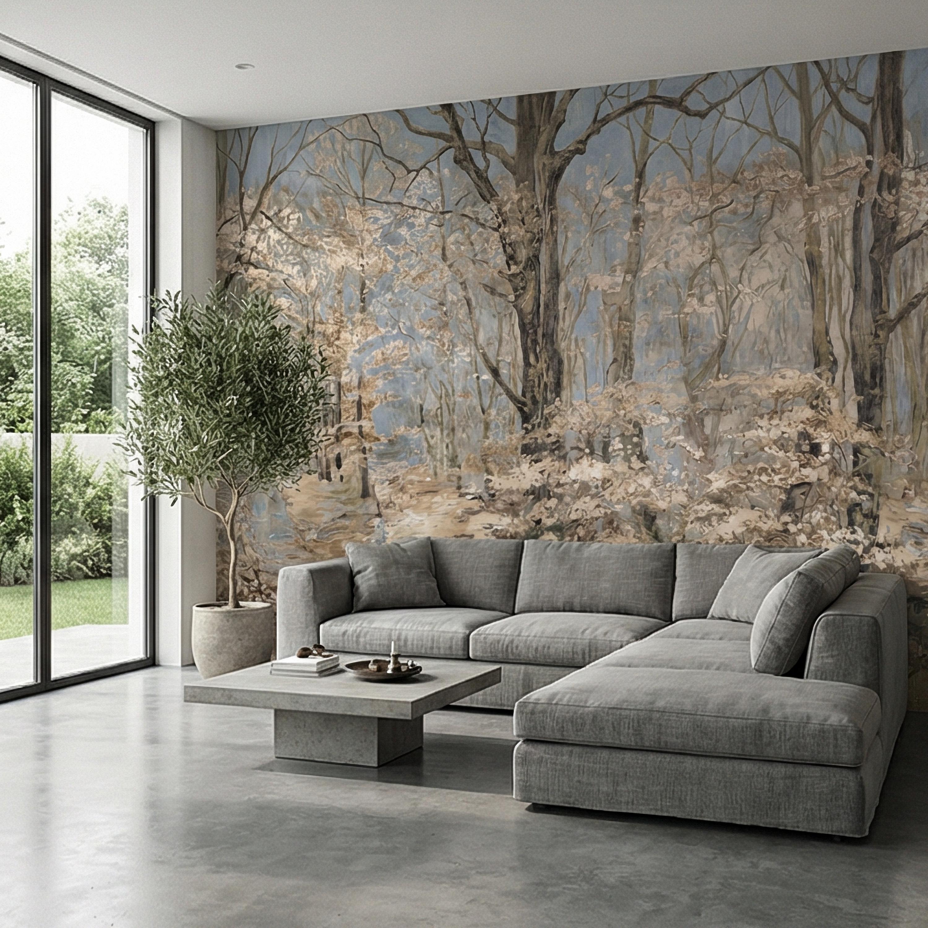 Blue Mist Forest Peel and Stick Wall Mural, Antique Woodland Path Landscape, Soft Neutral Foggy Nature Wallpaper