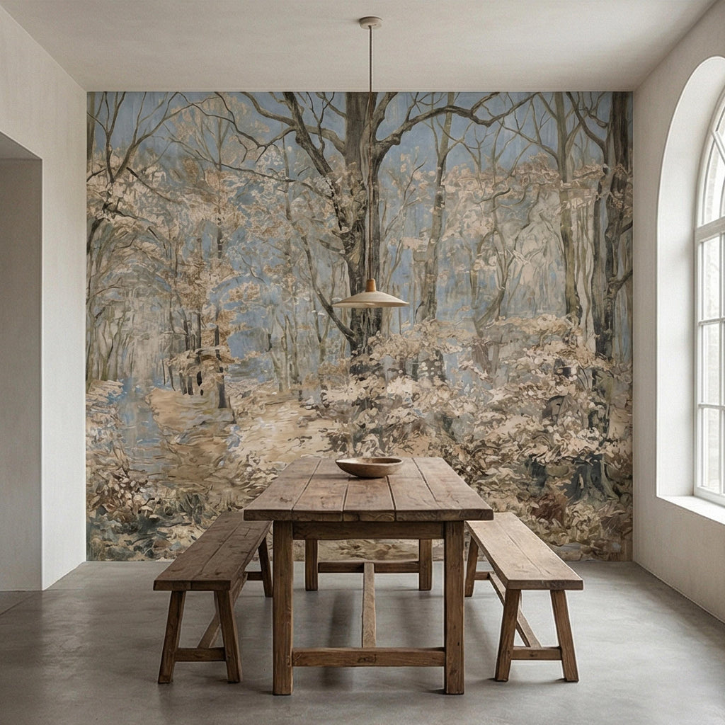 Blue Mist Forest Peel and Stick Wall Mural, Antique Woodland Path Landscape, Soft Neutral Foggy Nature Wallpaper