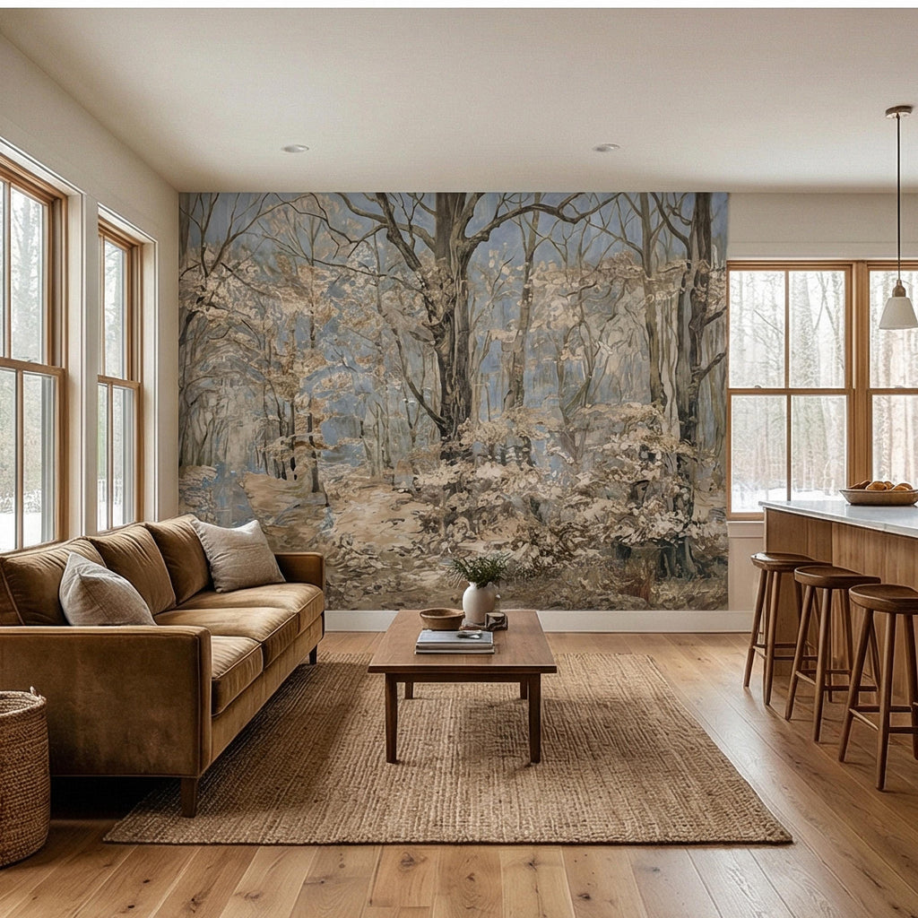Blue Mist Forest Peel and Stick Wall Mural, Antique Woodland Path Landscape, Soft Neutral Foggy Nature Wallpaper