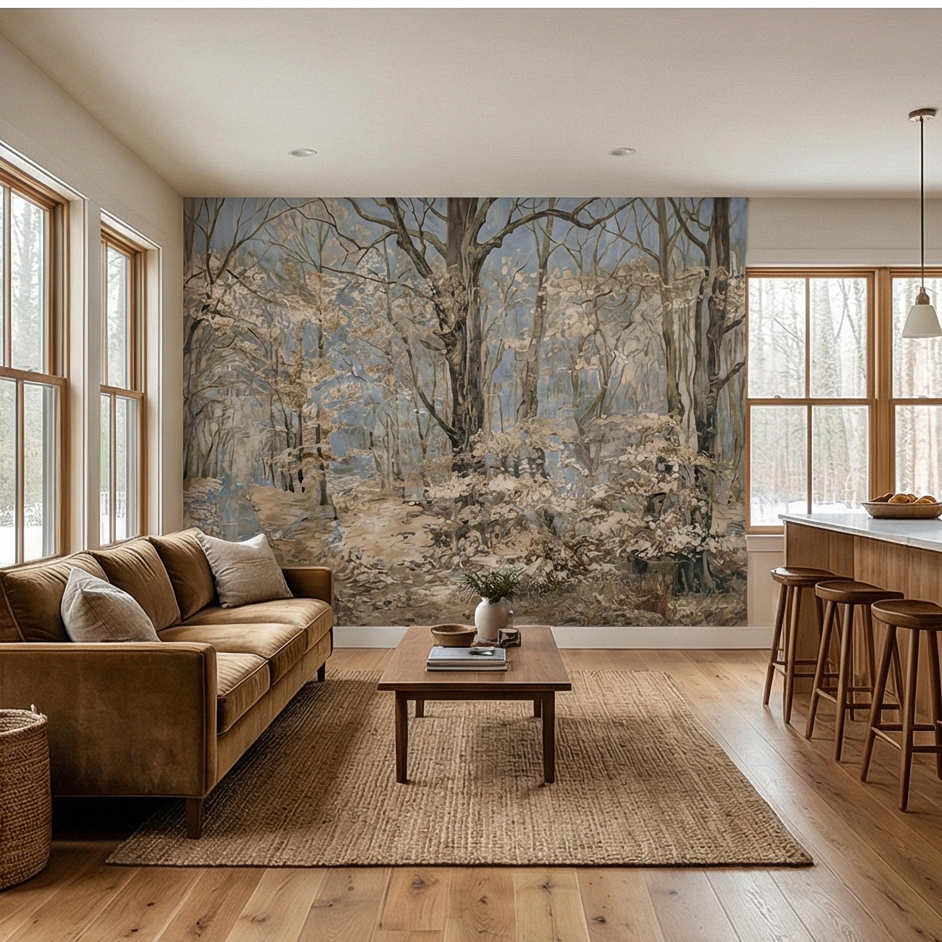 Blue Mist Forest Peel and Stick Wall Mural, Antique Woodland Path Landscape, Soft Neutral Foggy Nature Wallpaper