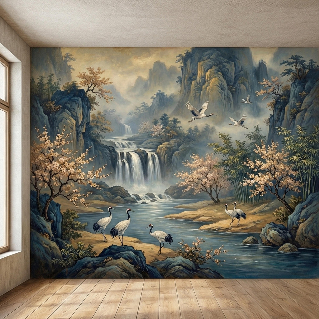 Asian Waterfall Landscape Peel and Stick Wall Mural, Cherry Blossom Cranes Bamboo Mountains, Serene Mist River Chinoiserie Scenic Wallpaper