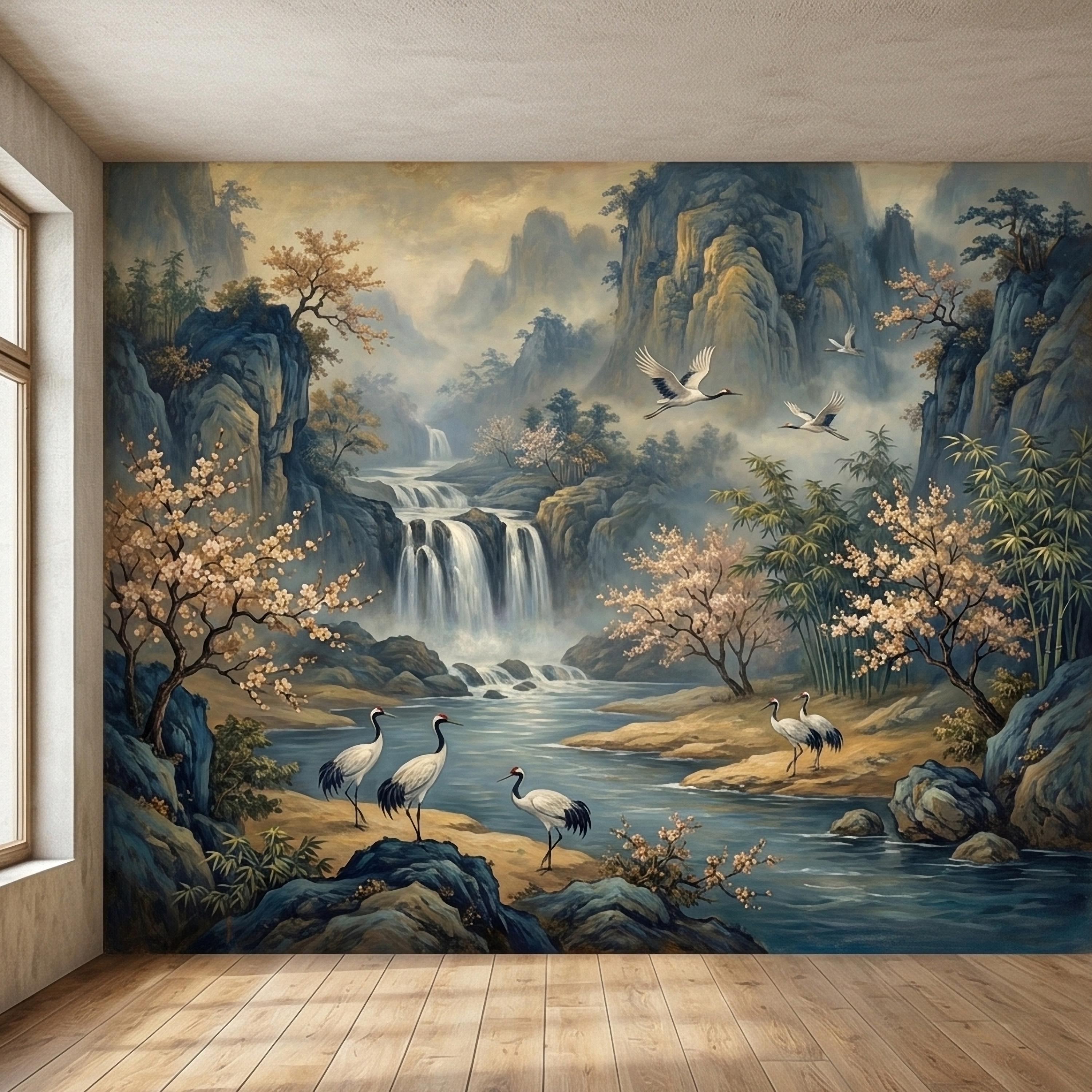 Asian Waterfall Landscape Peel and Stick Wall Mural, Cherry Blossom Cranes Bamboo Mountains, Serene Mist River Chinoiserie Scenic Wallpaper