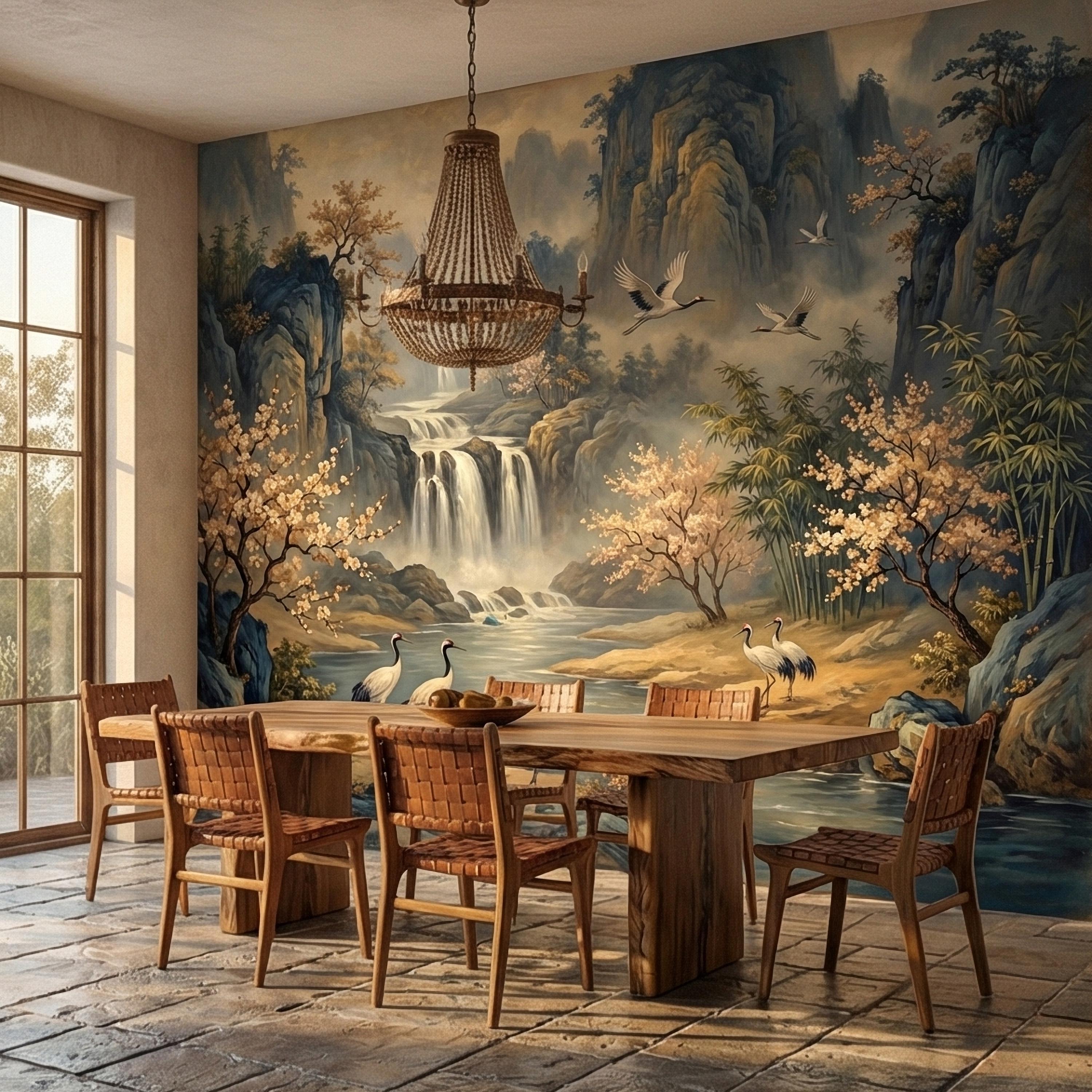Asian Waterfall Landscape Peel and Stick Wall Mural, Cherry Blossom Cranes Bamboo Mountains, Serene Mist River Chinoiserie Scenic Wallpaper