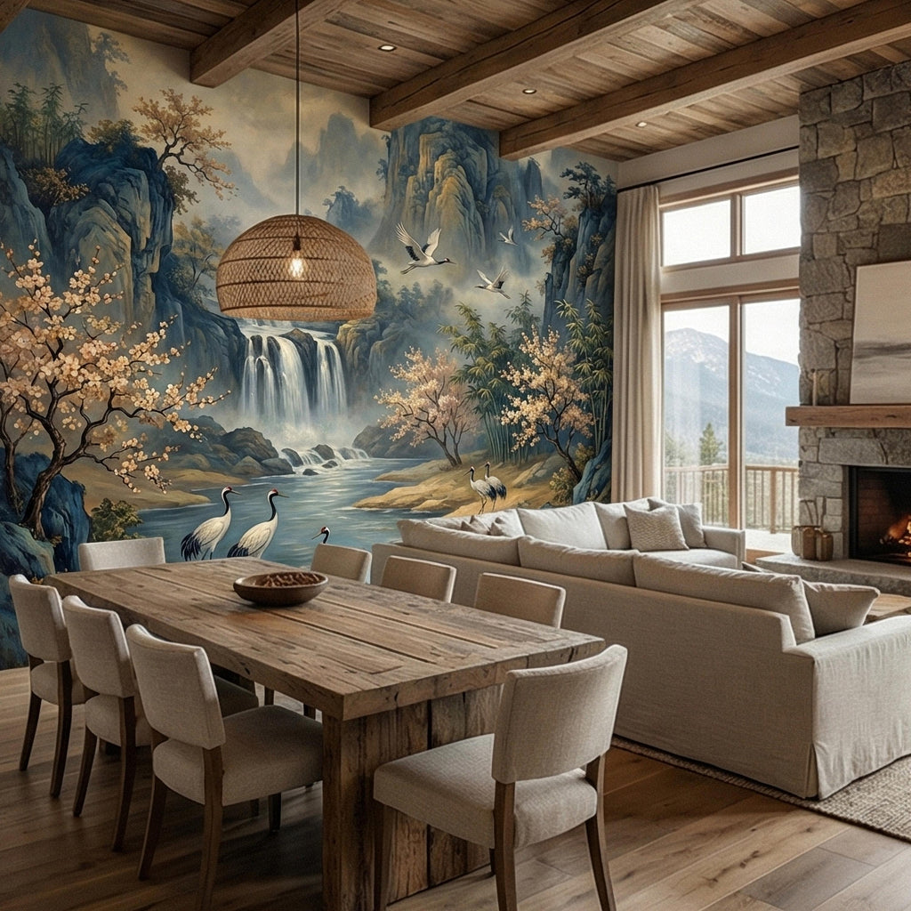 Asian Waterfall Landscape Peel and Stick Wall Mural, Cherry Blossom Cranes Bamboo Mountains, Serene Mist River Chinoiserie Scenic Wallpaper
