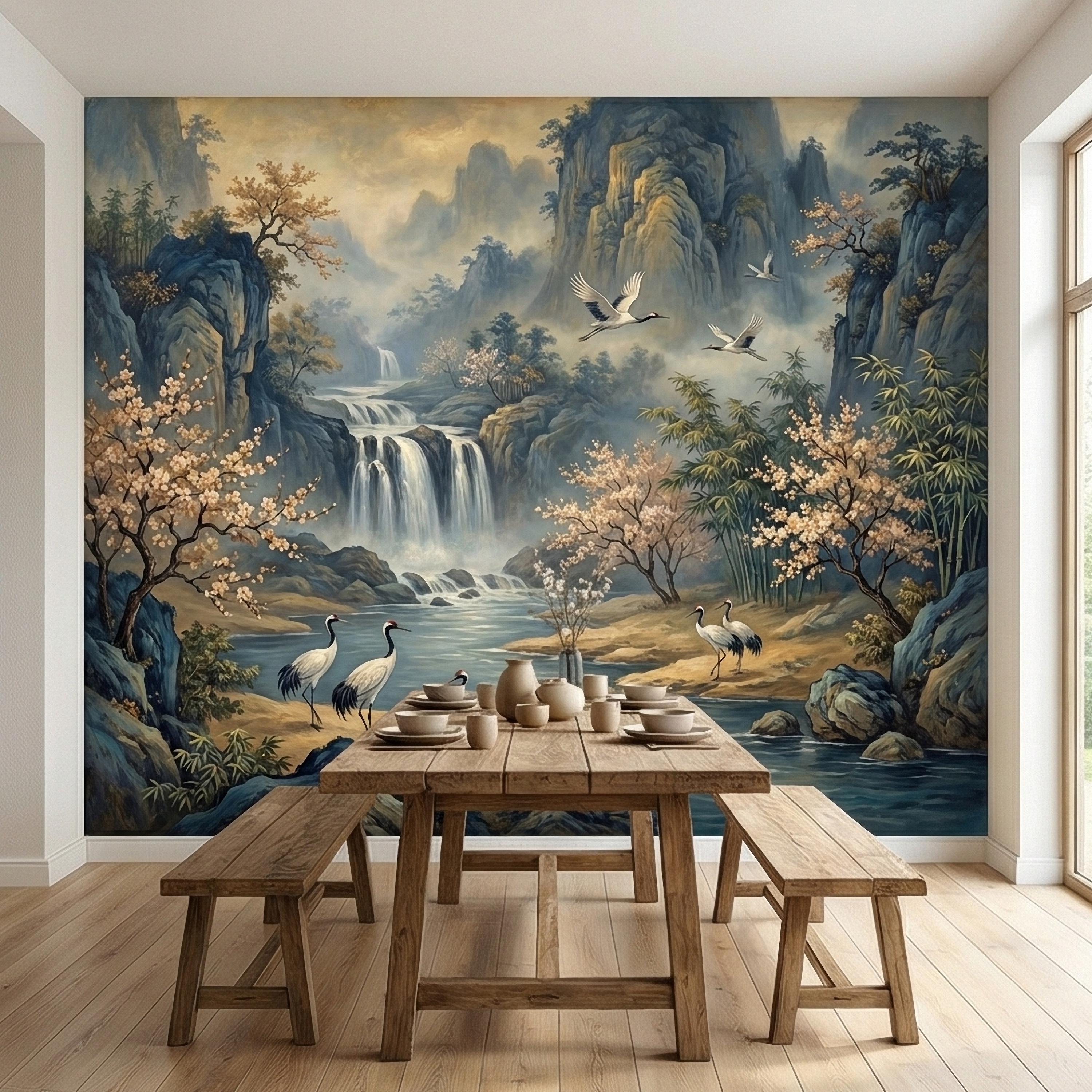 Asian Waterfall Landscape Peel and Stick Wall Mural, Cherry Blossom Cranes Bamboo Mountains, Serene Mist River Chinoiserie Scenic Wallpaper