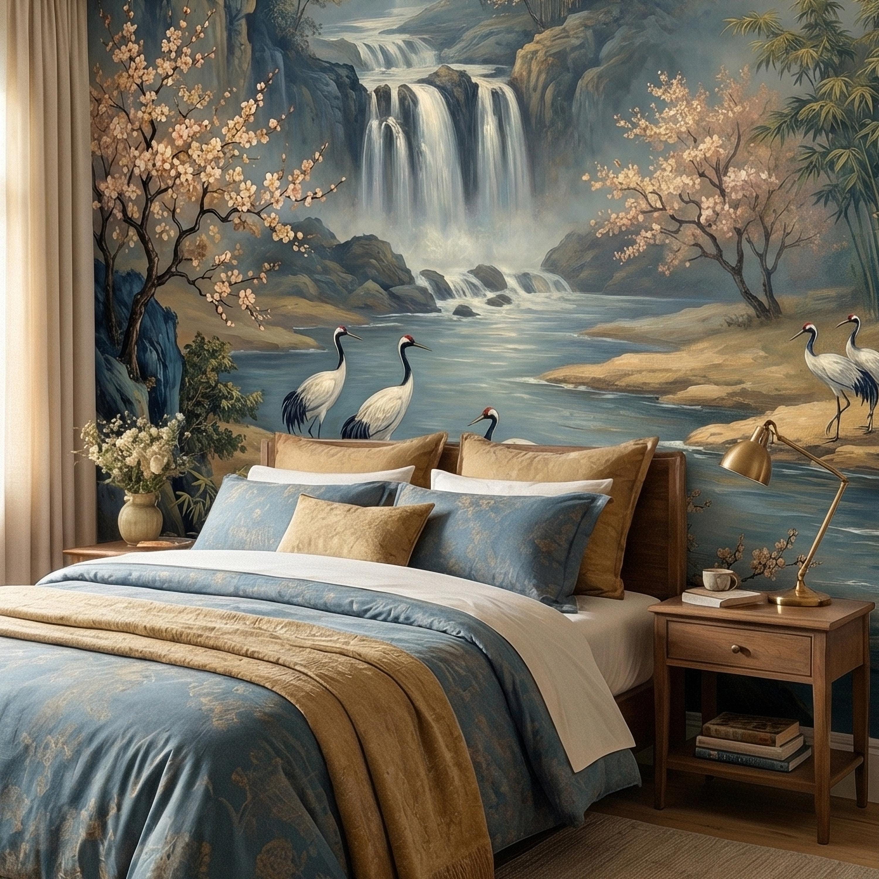 Asian Waterfall Landscape Peel and Stick Wall Mural, Cherry Blossom Cranes Bamboo Mountains, Serene Mist River Chinoiserie Scenic Wallpaper