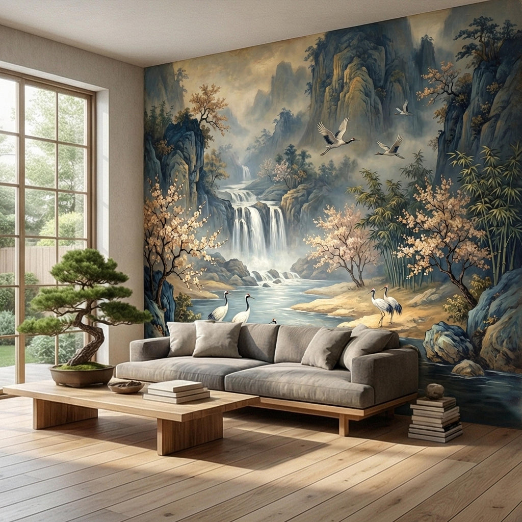 Asian Waterfall Landscape Peel and Stick Wall Mural, Cherry Blossom Cranes Bamboo Mountains, Serene Mist River Chinoiserie Scenic Wallpaper