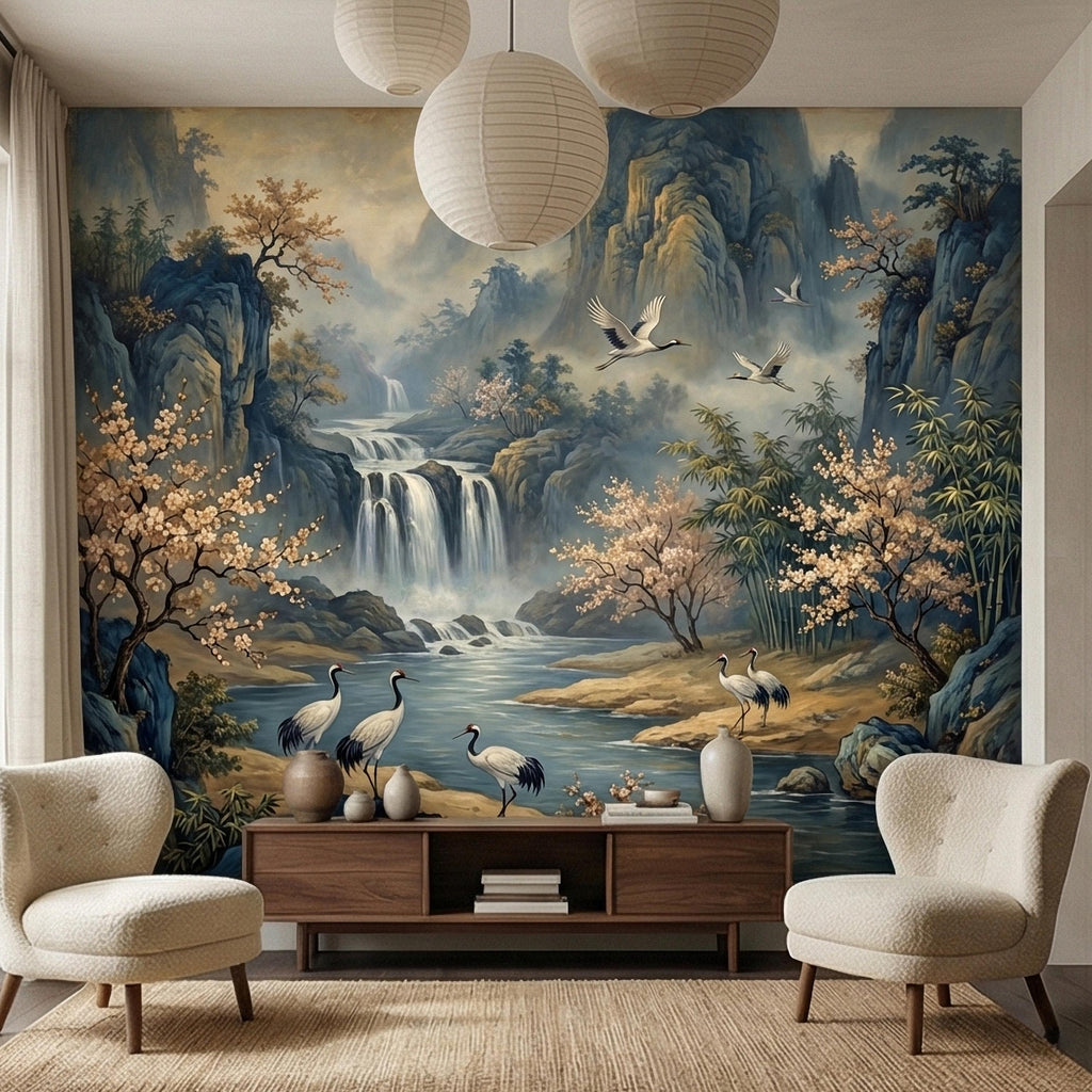 Asian Waterfall Landscape Peel and Stick Wall Mural, Cherry Blossom Cranes Bamboo Mountains, Serene Mist River Chinoiserie Scenic Wallpaper