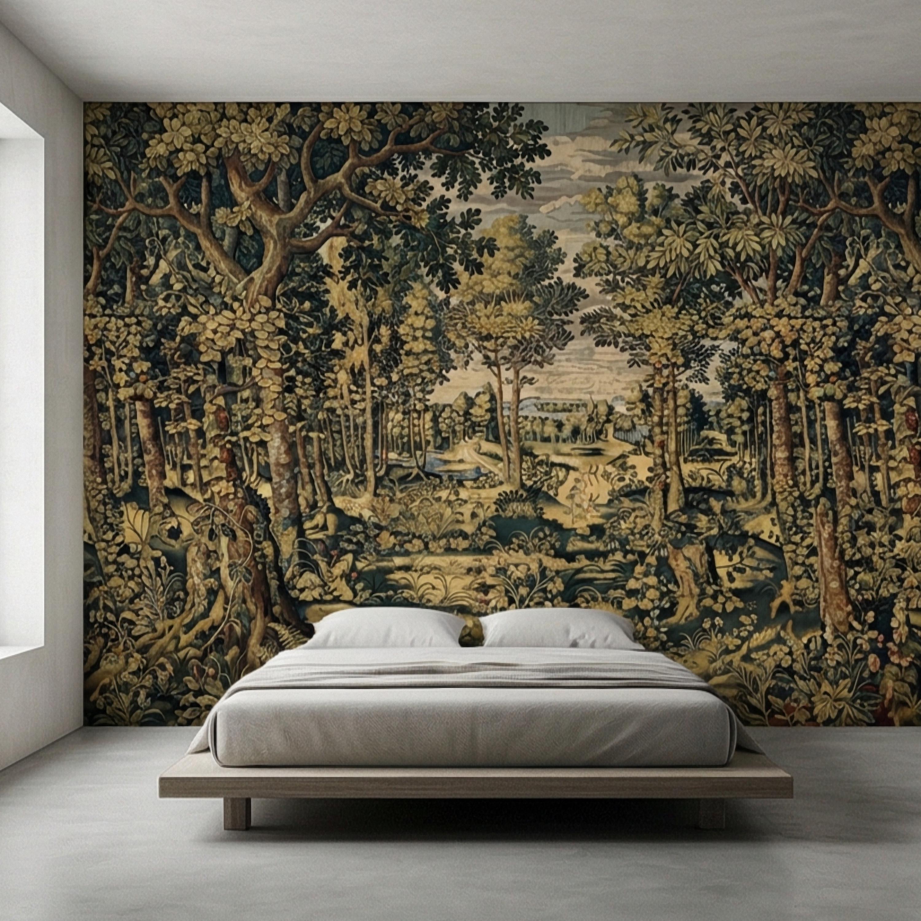 Vintage Medieval Woodland Tapestry Peel and Stick Wall Mural, Antique Forest Landscape, Old World Botanical Wallpaper