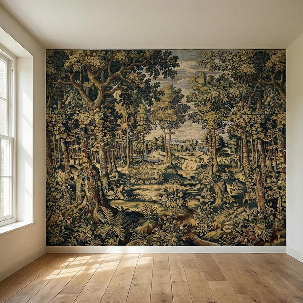 Vintage Medieval Woodland Tapestry Peel and Stick Wall Mural, Antique Forest Landscape, Old World Botanical Wallpaper