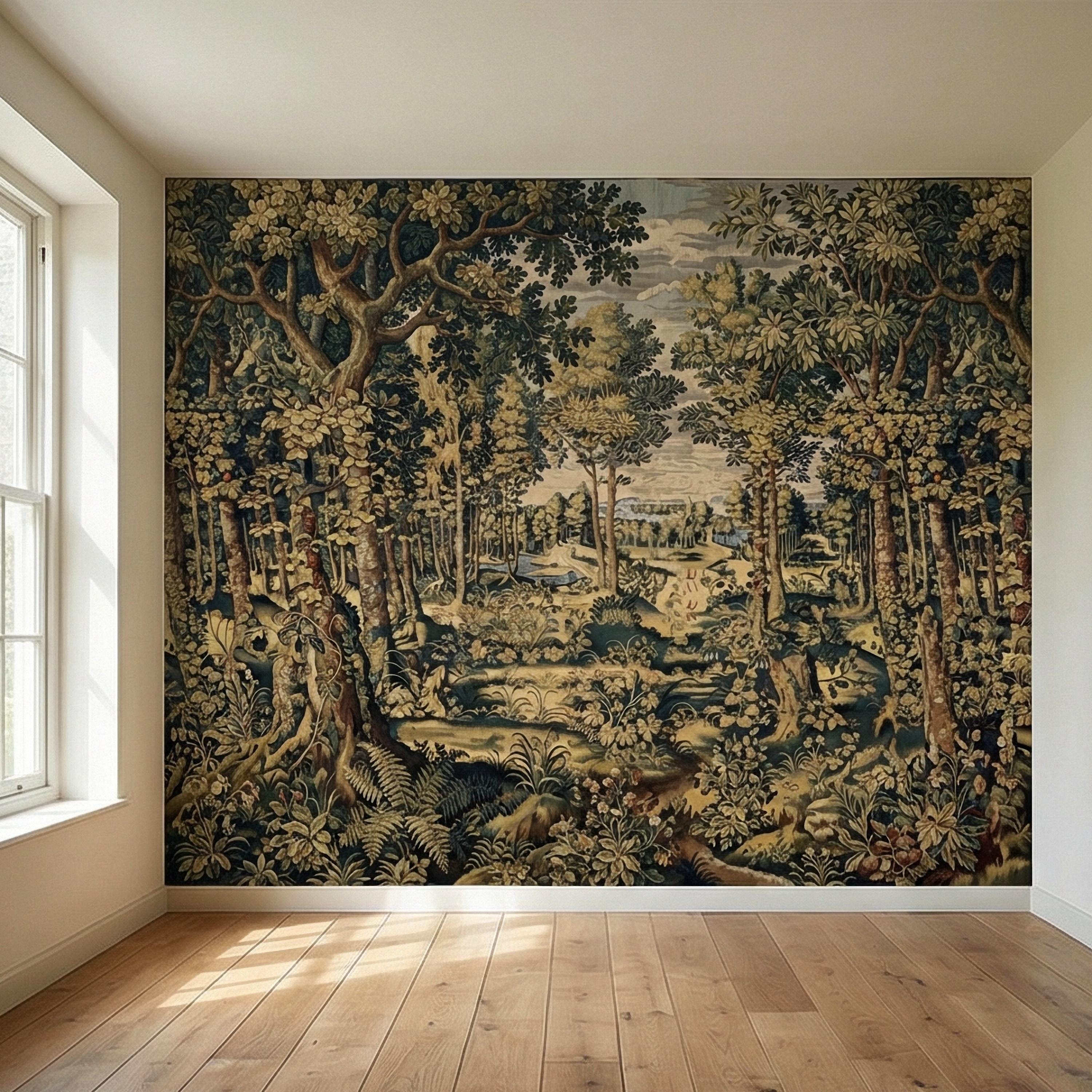 Vintage Medieval Woodland Tapestry Peel and Stick Wall Mural, Antique Forest Landscape, Old World Botanical Wallpaper
