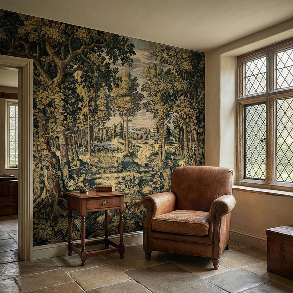 Vintage Medieval Woodland Tapestry Peel and Stick Wall Mural, Antique Forest Landscape, Old World Botanical Wallpaper