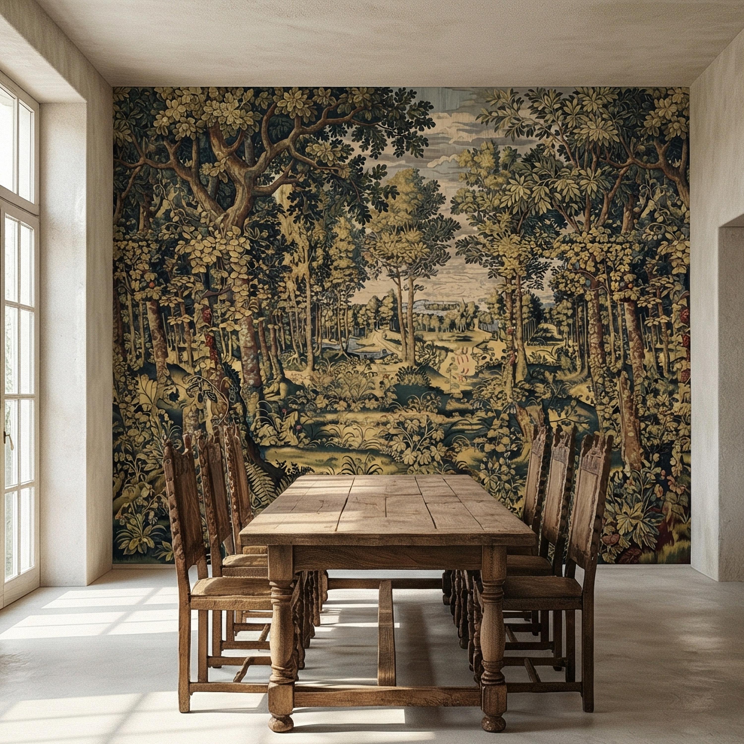 Vintage Medieval Woodland Tapestry Peel and Stick Wall Mural, Antique Forest Landscape, Old World Botanical Wallpaper