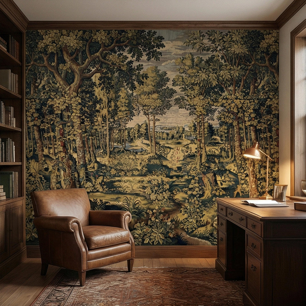 Vintage Medieval Woodland Tapestry Peel and Stick Wall Mural, Antique Forest Landscape, Old World Botanical Wallpaper