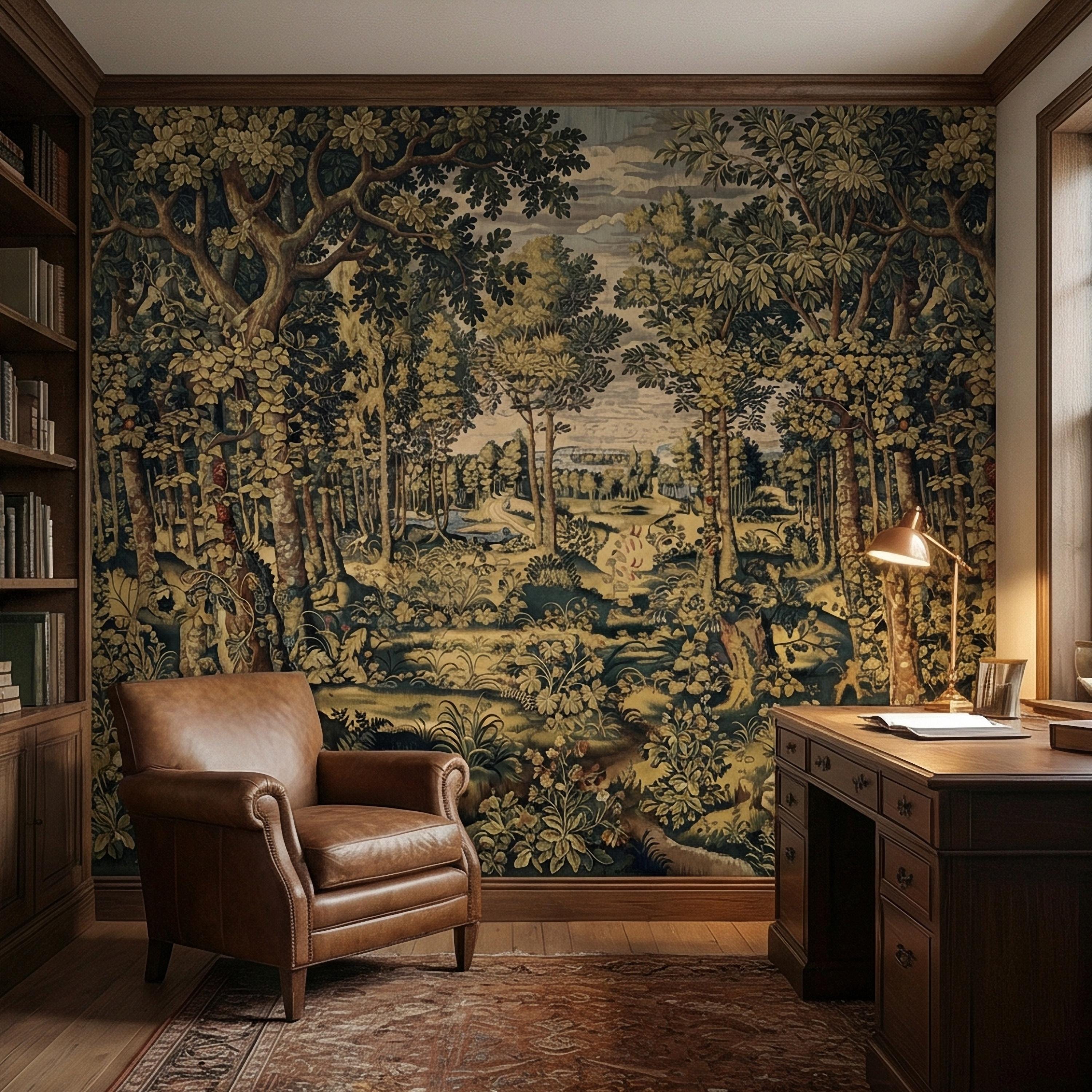 Vintage Medieval Woodland Tapestry Peel and Stick Wall Mural, Antique Forest Landscape, Old World Botanical Wallpaper