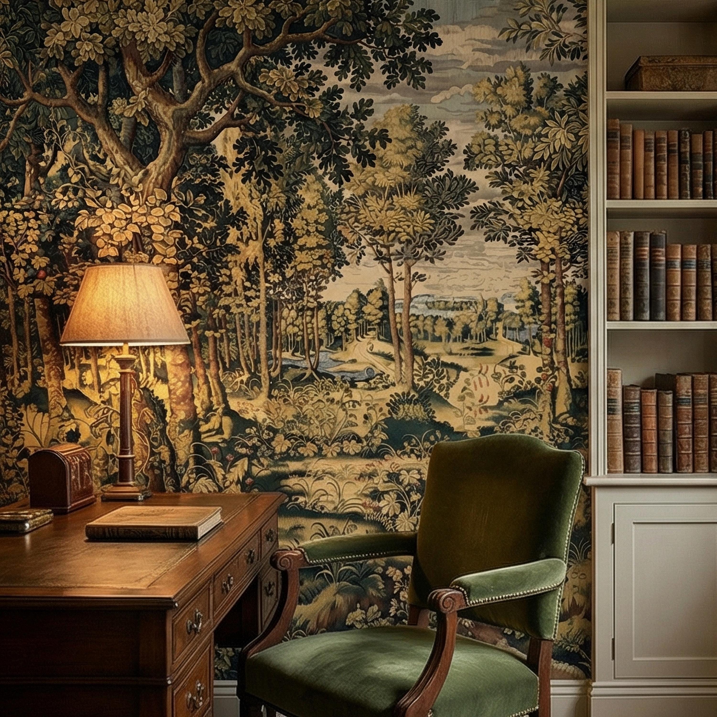 Vintage Medieval Woodland Tapestry Peel and Stick Wall Mural, Antique Forest Landscape, Old World Botanical Wallpaper