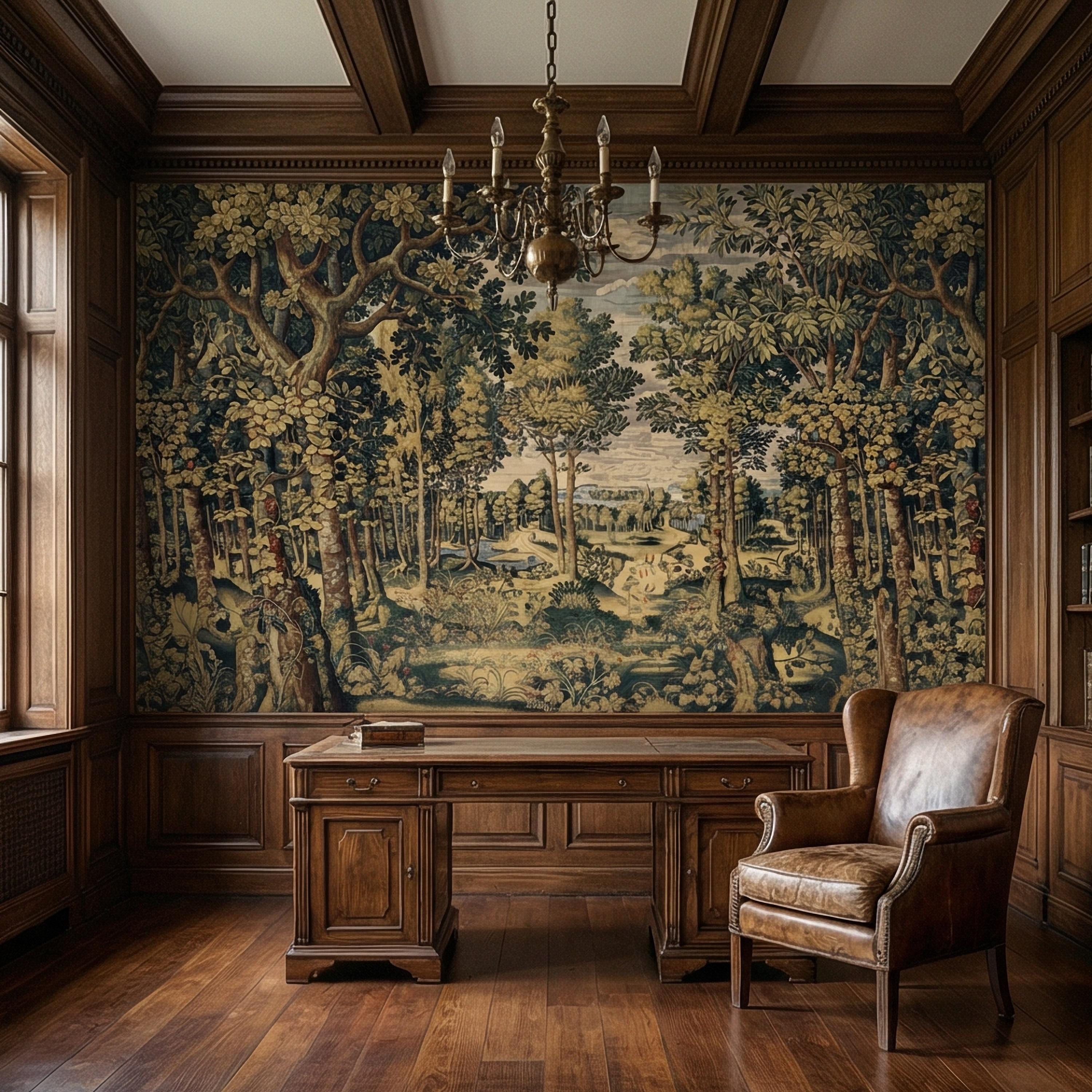 Vintage Medieval Woodland Tapestry Peel and Stick Wall Mural, Antique Forest Landscape, Old World Botanical Wallpaper
