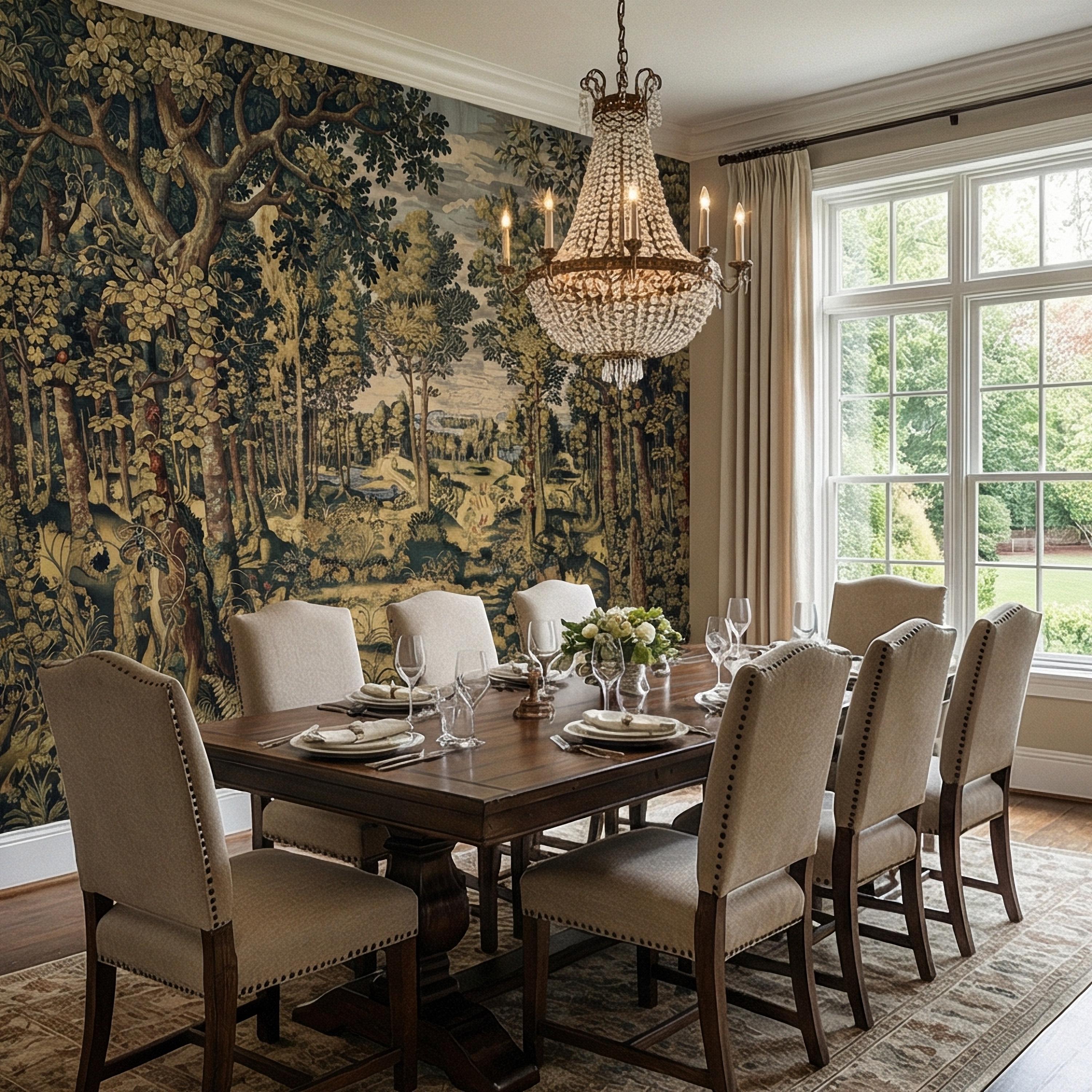 Vintage Medieval Woodland Tapestry Peel and Stick Wall Mural, Antique Forest Landscape, Old World Botanical Wallpaper