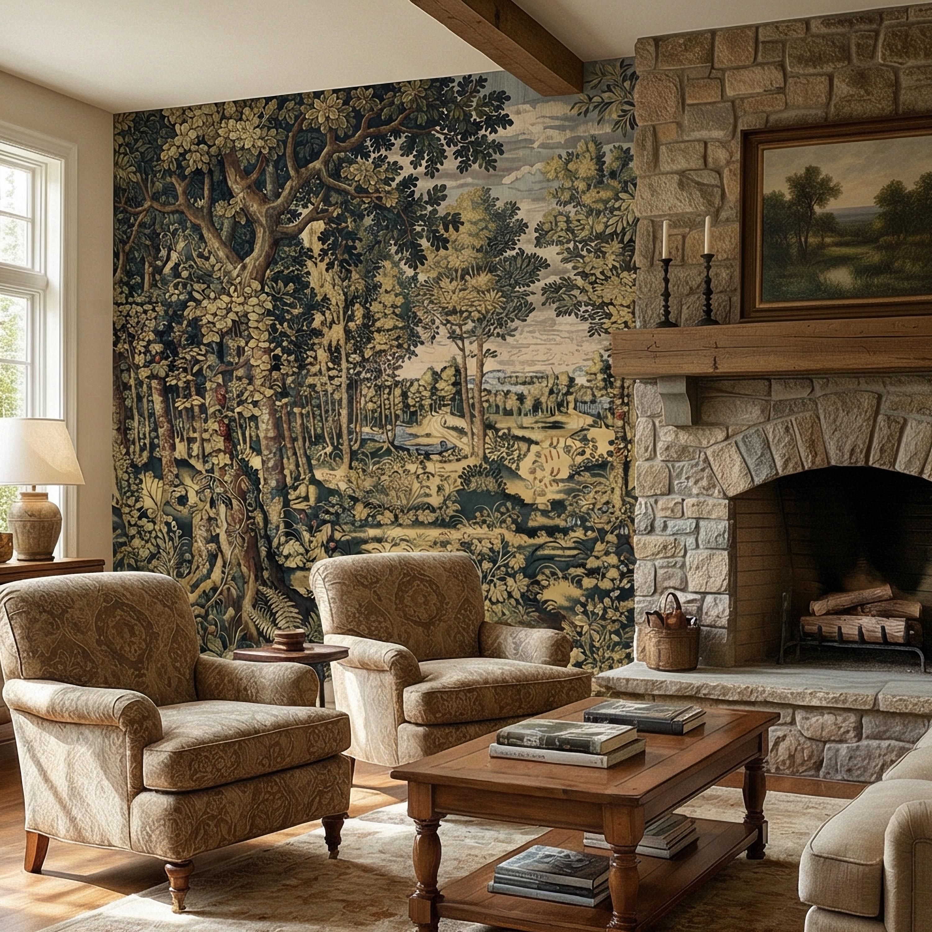 Vintage Medieval Woodland Tapestry Peel and Stick Wall Mural, Antique Forest Landscape, Old World Botanical Wallpaper