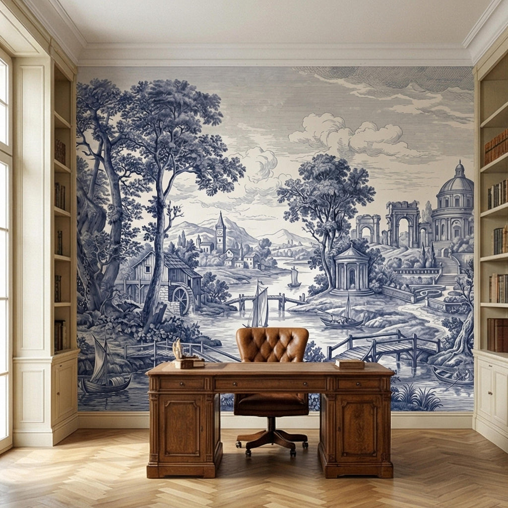 Blue Toile Landscape Peel and Stick Wall Mural, Vintage European River Landscape, Classical Pavilion Bridge and Boats Wallpaper