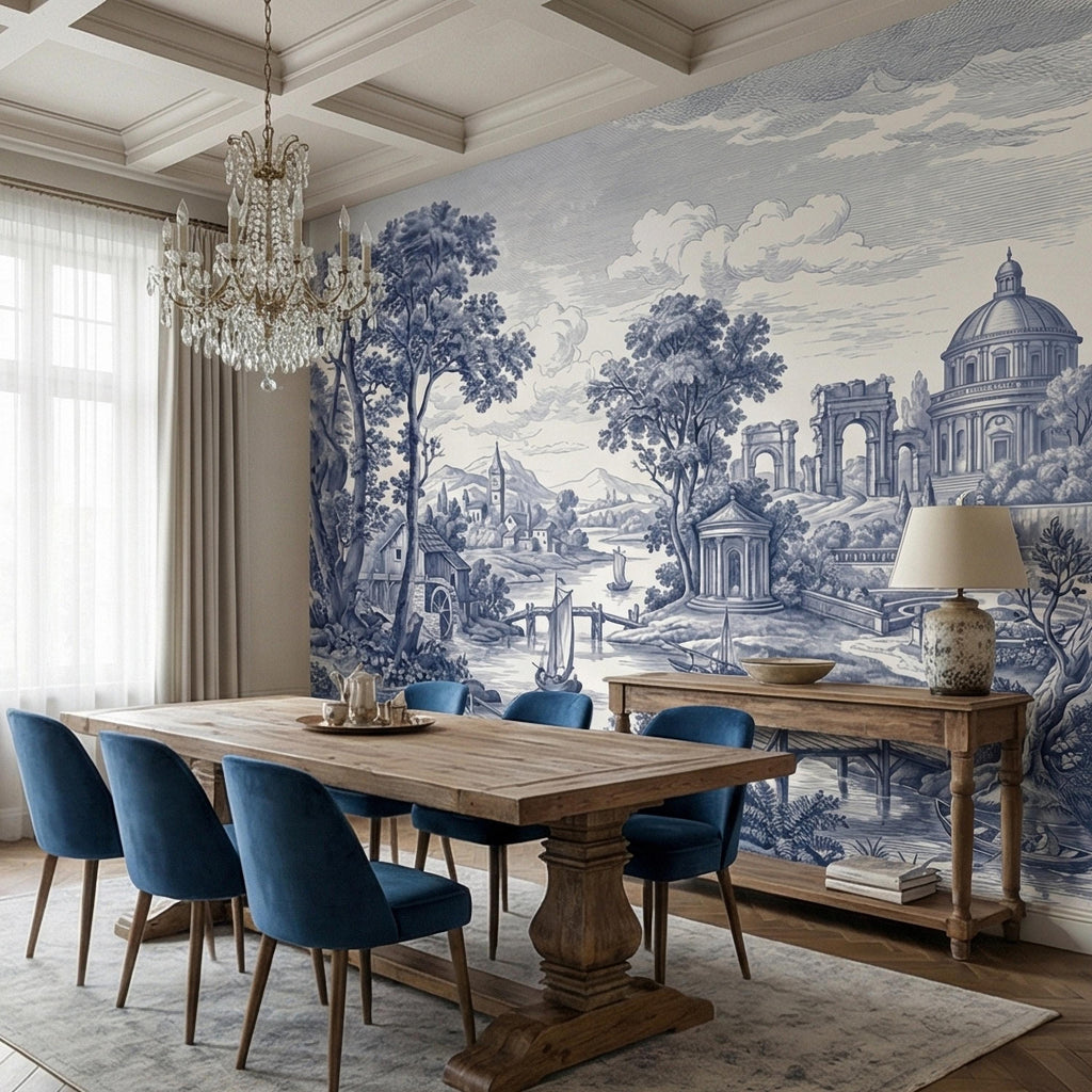 Blue Toile Landscape Peel and Stick Wall Mural, Vintage European River Landscape, Classical Pavilion Bridge and Boats Wallpaper