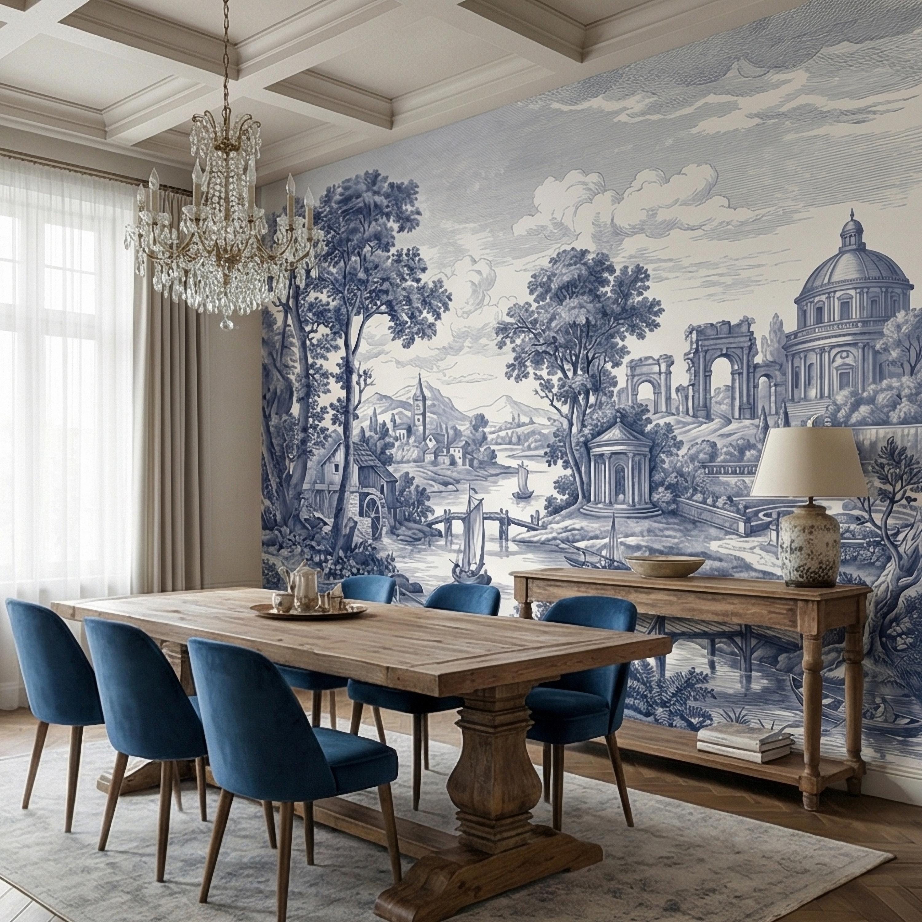 Blue Toile Landscape Peel and Stick Wall Mural, Vintage European River Landscape, Classical Pavilion Bridge and Boats Wallpaper