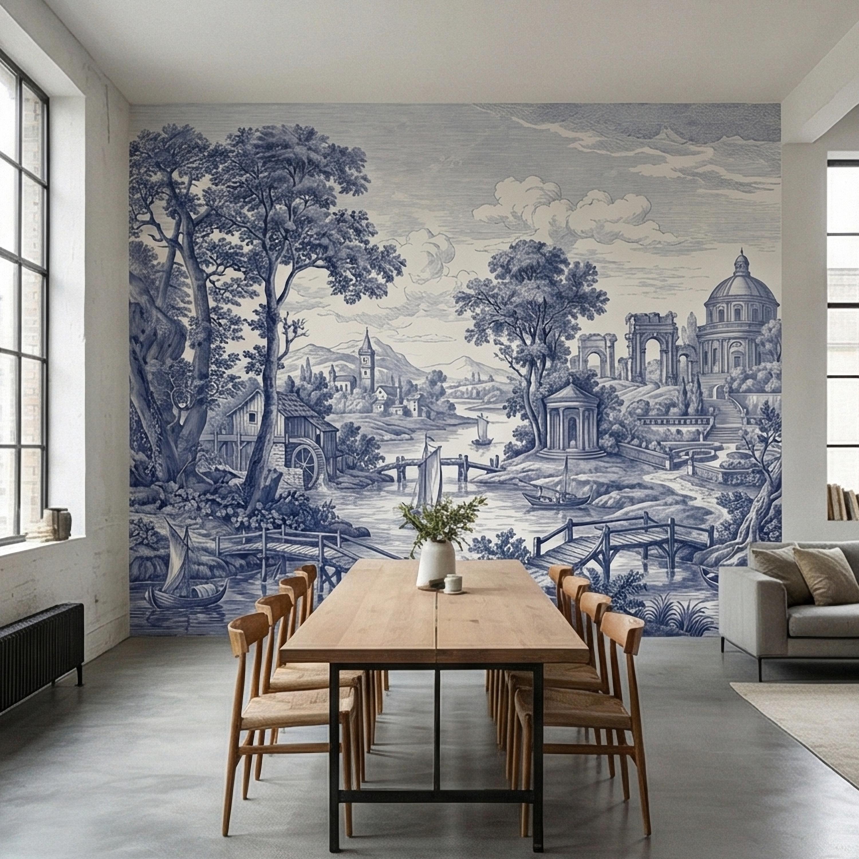 Blue Toile Landscape Peel and Stick Wall Mural, Vintage European River Landscape, Classical Pavilion Bridge and Boats Wallpaper